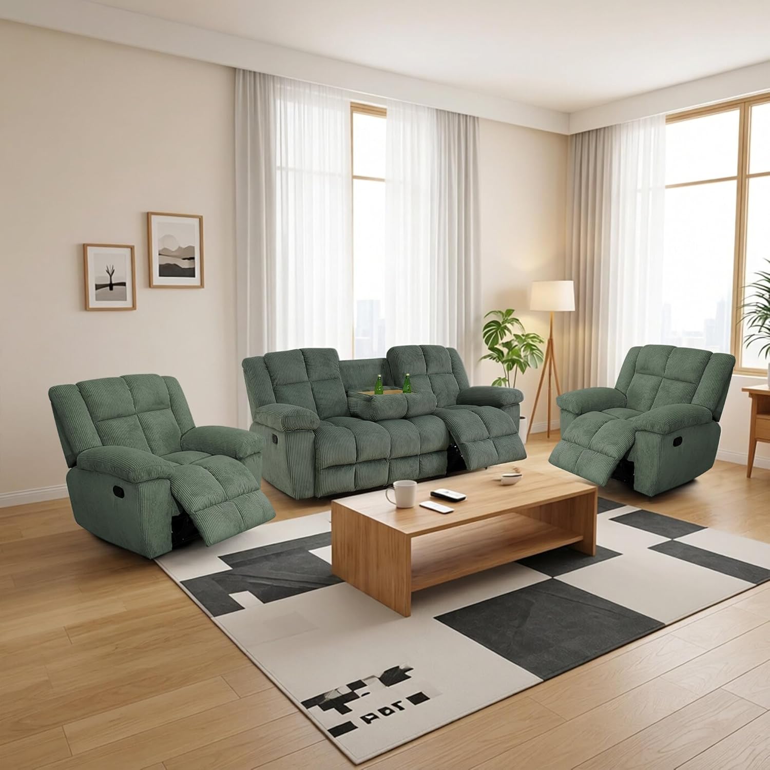 Corduroy Fabric Recliner Sofa Set, 3 Piece Living Room Furniture Set, Manual Reclining Sofa Loveseat Chair Set with Cup Holders/Storage/Drop Down Table (Green, Sofa+Two Cahirs)