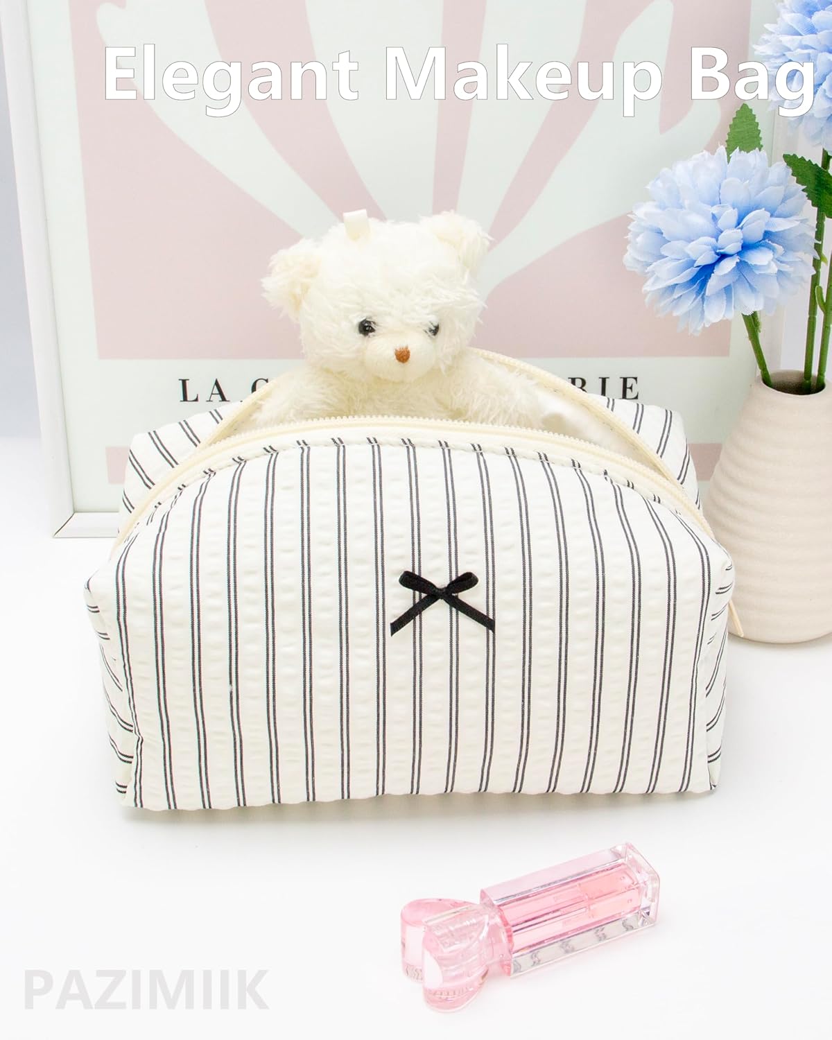 PAZIMIIK 6PCS Cozy Makeup Bag Small Aesthetic Travel Zipper Cosmetic Pouch for Women Make Up Beauty Accessories Brushes, Stripe Black