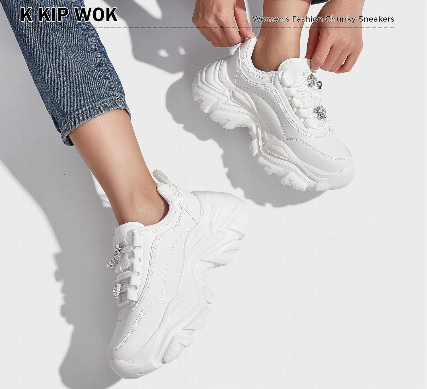 K KIP WOK Chunky Sneakers for Women Fashion Platform White Leather Casual Dad Shoes Comfortable Wedge Walking Sport Sneakers