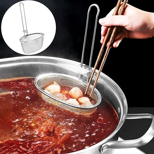 Miniatura 6 de Hemoton Cuchara coladora de olla caliente de acero inoxidable de 9.64 x 5.51 pulgadas, cuchara ranurada de malla fina con mango para colgar para