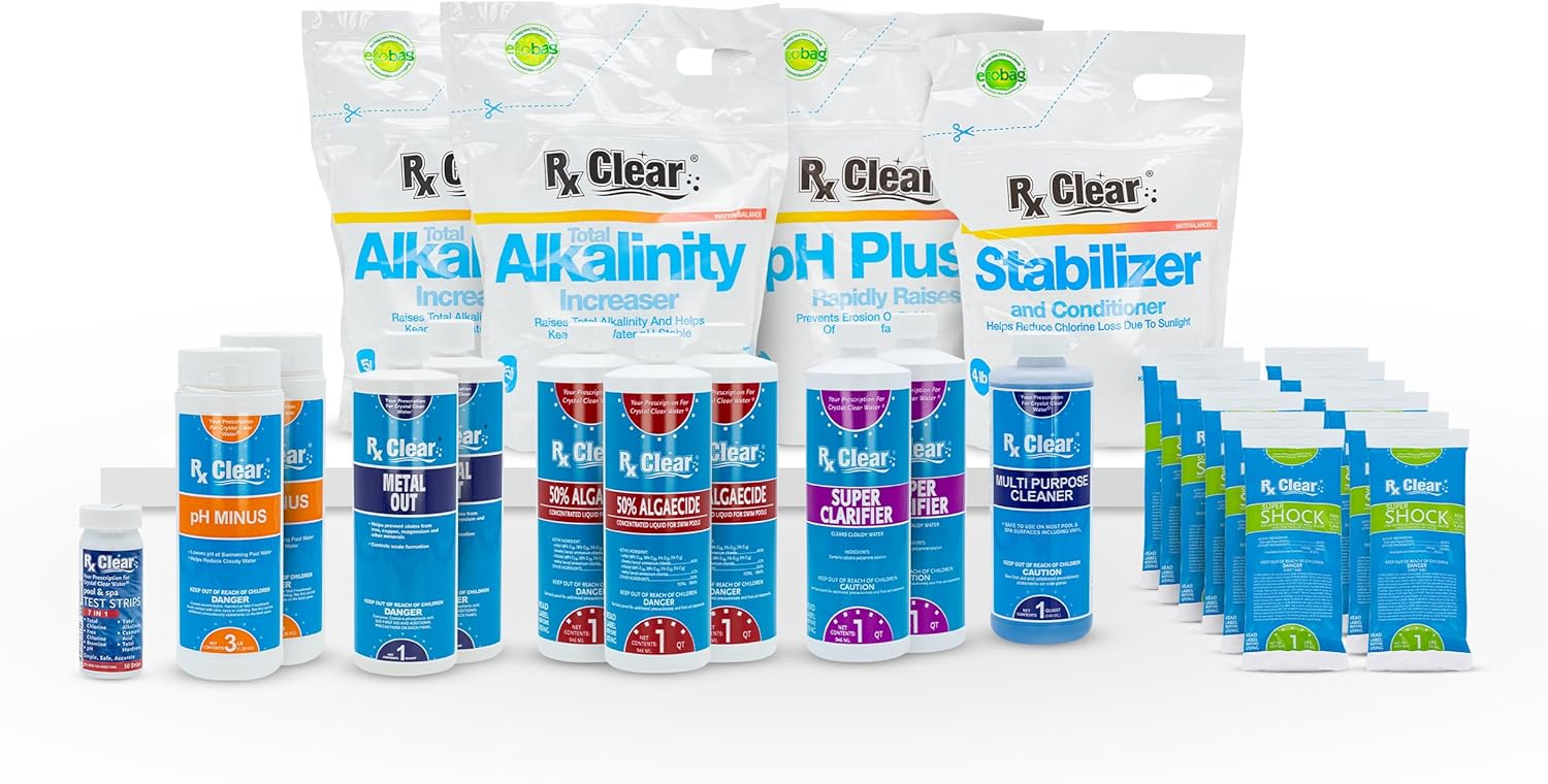 Rx Clear Deluxe Spring Chemical Opening Pool Cleaning Kit | for Swimming Pools Up to 7,500 Gallons | Includes Shock, Clarifier, pH Minus, Algaecide and More | Keep Your Pool Clean and Clear