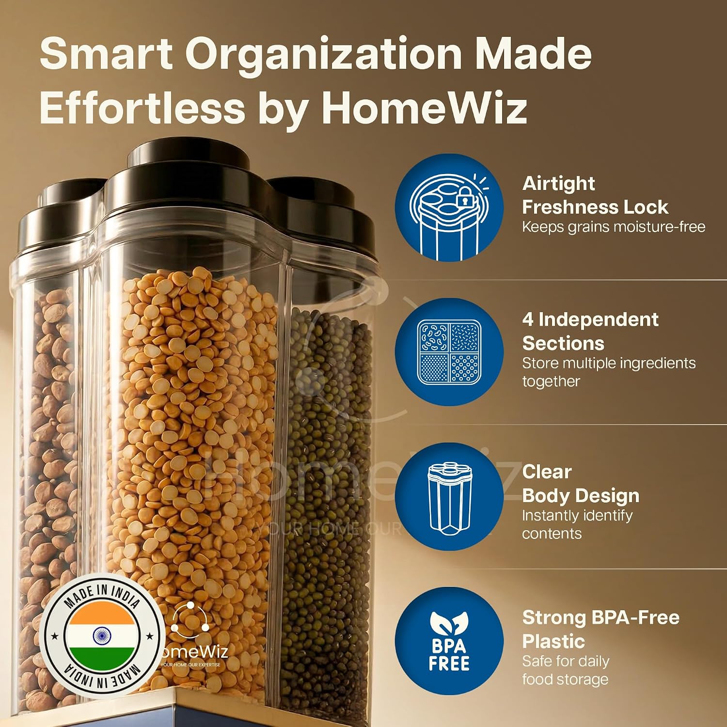 4 Section Kitchen Storage Box | Fridge Storage Containers | Airtight, Durable, BPA-Free Plastic Container for Kitchen Storage | Organize Grains, Pulses, Snacks & Food in One Jar | (2500ml) image 2