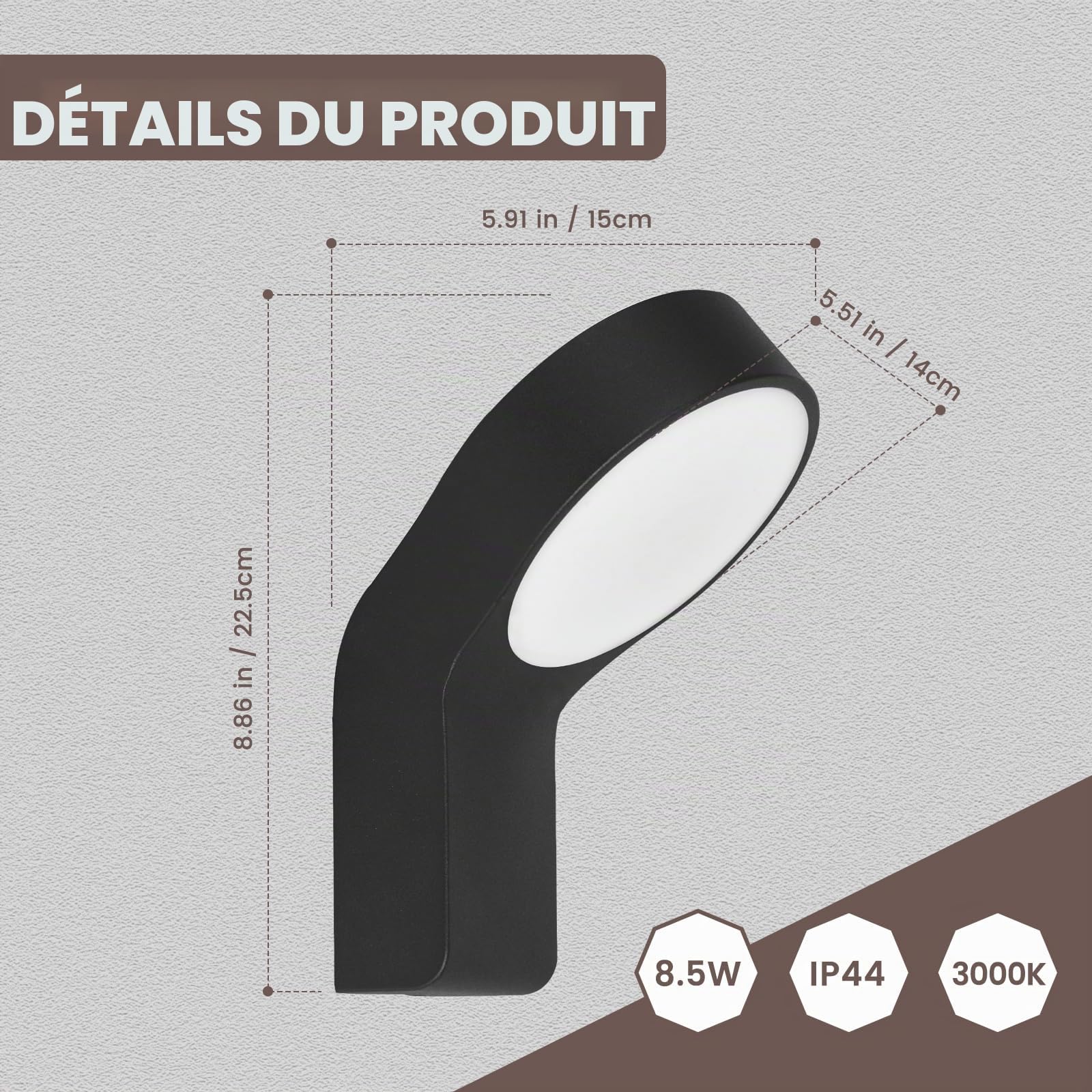 8.5W LED Intégrée Applique Murale Exterieur en Aluminium 220-240V, IP44 950LM 3000K Étanche Luminaire Exterieur Pour Jardin, Terrasse et Entrée, Noir, 22.5cm
