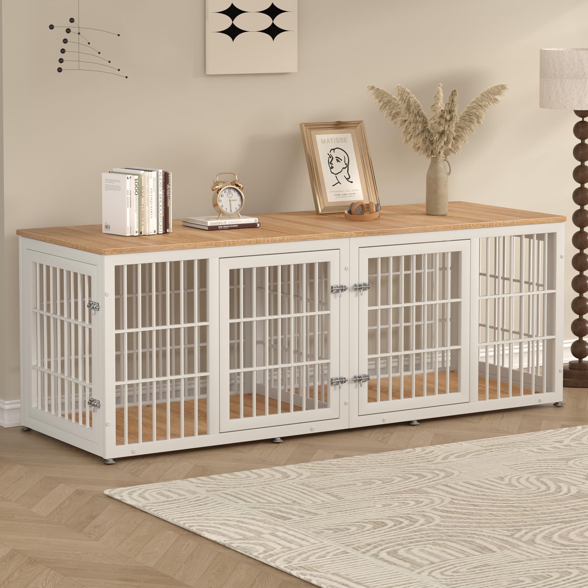 78 Inch Double Dog Crate Furniture, Heavy Duty Extra Large Cage Furniture with Divider for 2 Dogs, Decorative Wooden Kennel Indoor, Pet House for Large and Medium Dogs, White