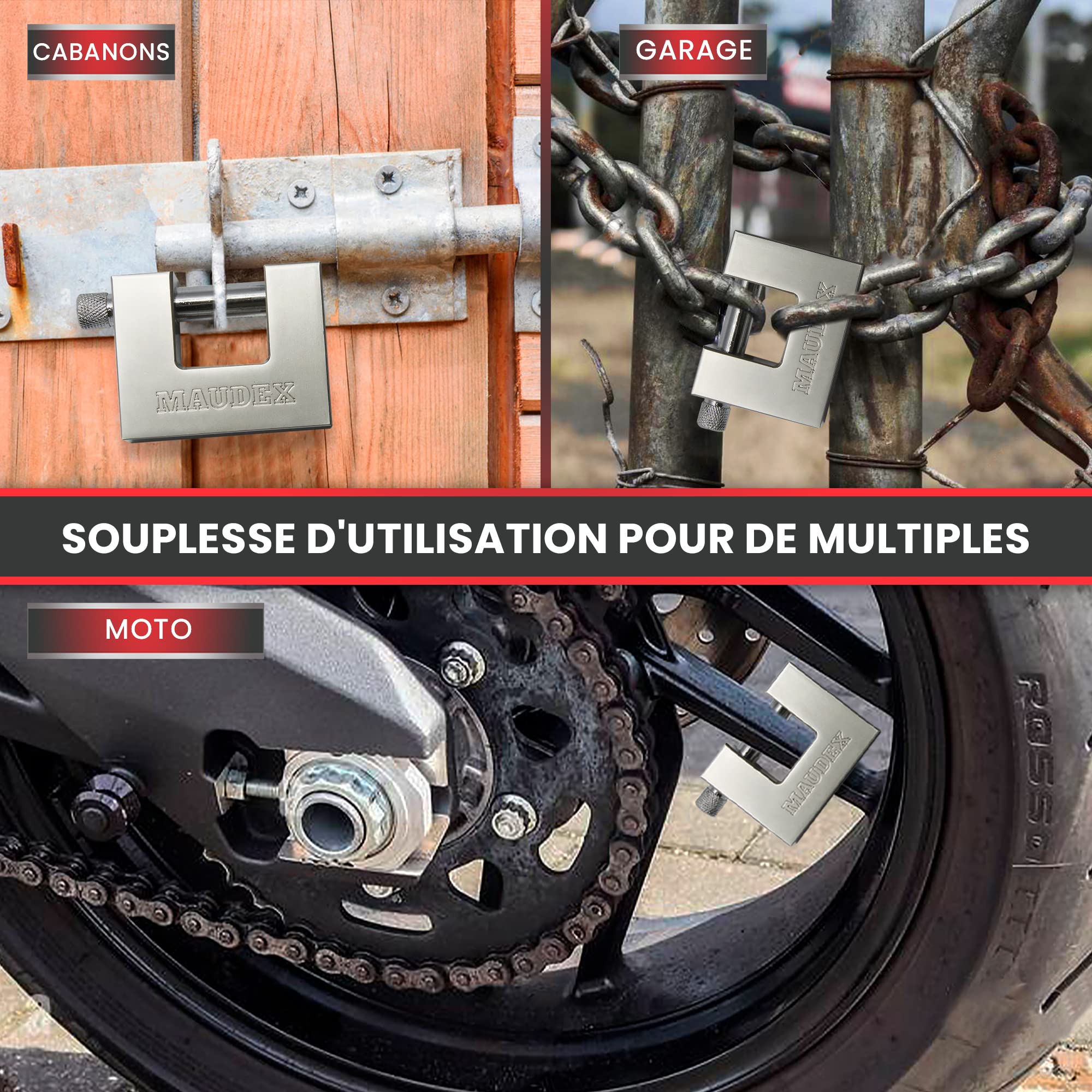 Maudex® MDP90 Cadenas Extérieur avec 10 Clés - Anse 12 mm Anse Résistante aux Coupures, Gros Corps Inox Étanche | Antivol de Sécurité pour Conteneur, Portail, Remorque Attelée