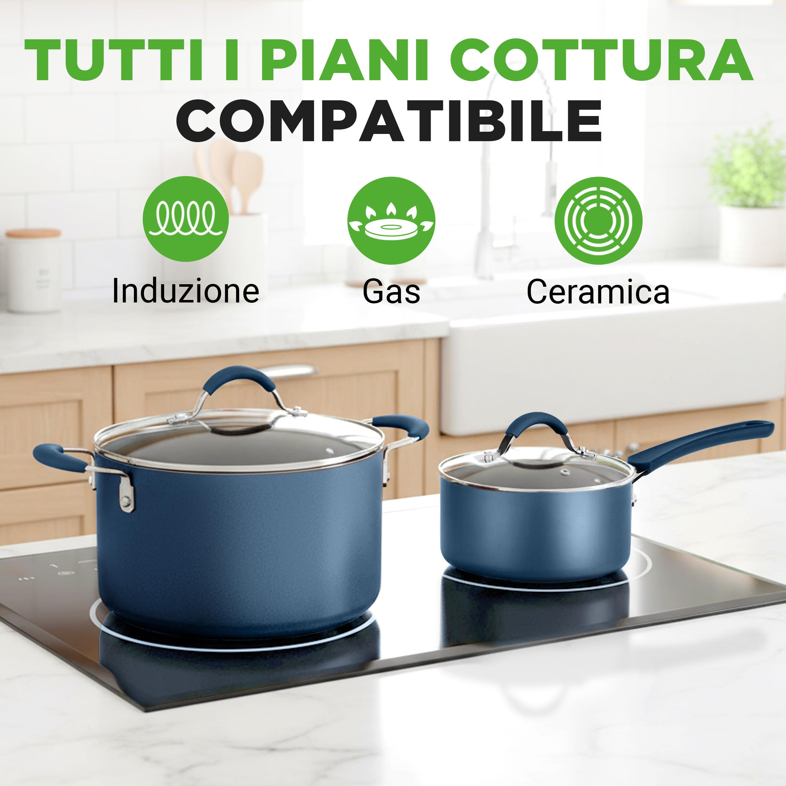 NutriChef Set di Pentole e Padelle Antiaderenti 20 Pezzi, Padella Antiaderente, Manici a Prova di Calore, Adatto per Fornelli a Gas, Elettrici e a Induzione, Facile da Pulire, Blu Marino
