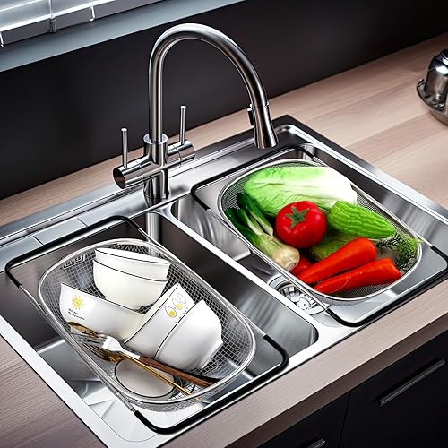 Miniatura 2 de Tioncy Colador grande para colocar sobre el fregadero, colador de acero inoxidable de 6 cuartos de galón con malla fina o rejilla, cesta coladora