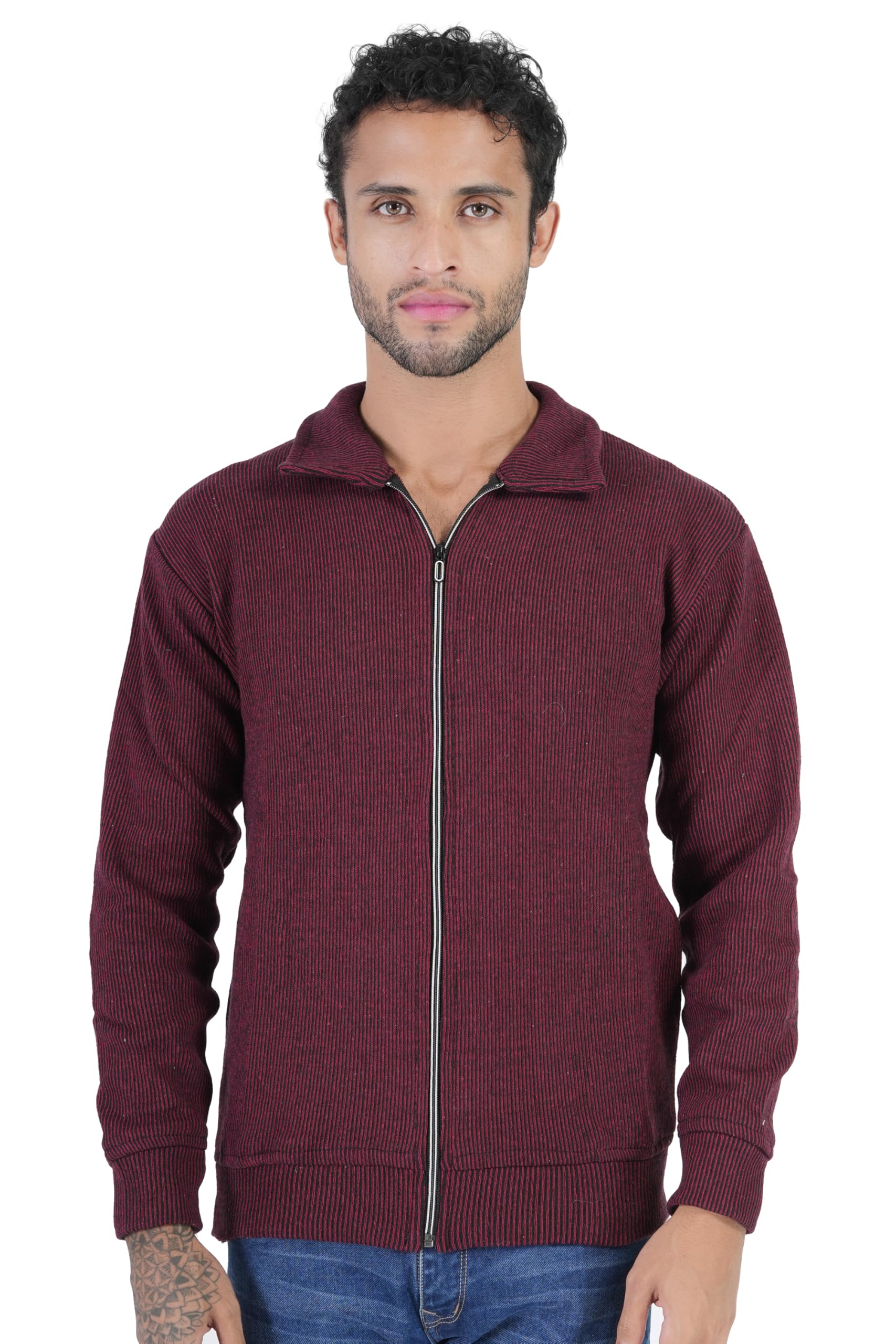 Men’s Woolen Striped Collared Zipper Sweater Jacket – Full Sleeve, Thick Wool, with Side Pockets for Winter-image-6