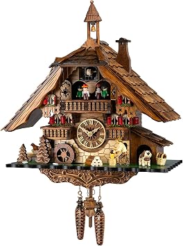 Engstler Quartz Cuckoo Clock Black Forest House with Moving Wood Chopper and Mill Wheel, with Music