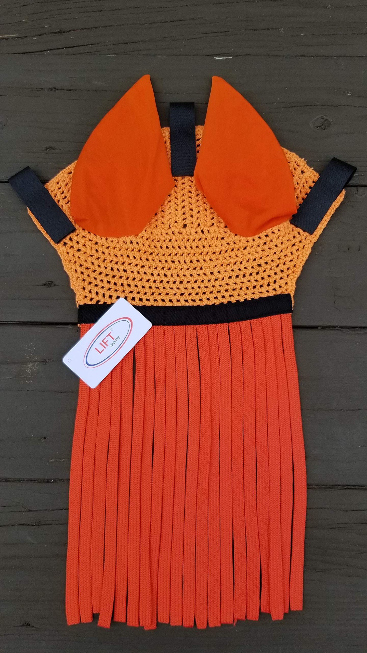 Lift Sports Horse/Full Fly Bonnet with Ears Net with Fringes Fly Veil Mask Hood Cotton Crochet Hand Made Breathable Protect Equestrian Tack Shows (Orange)