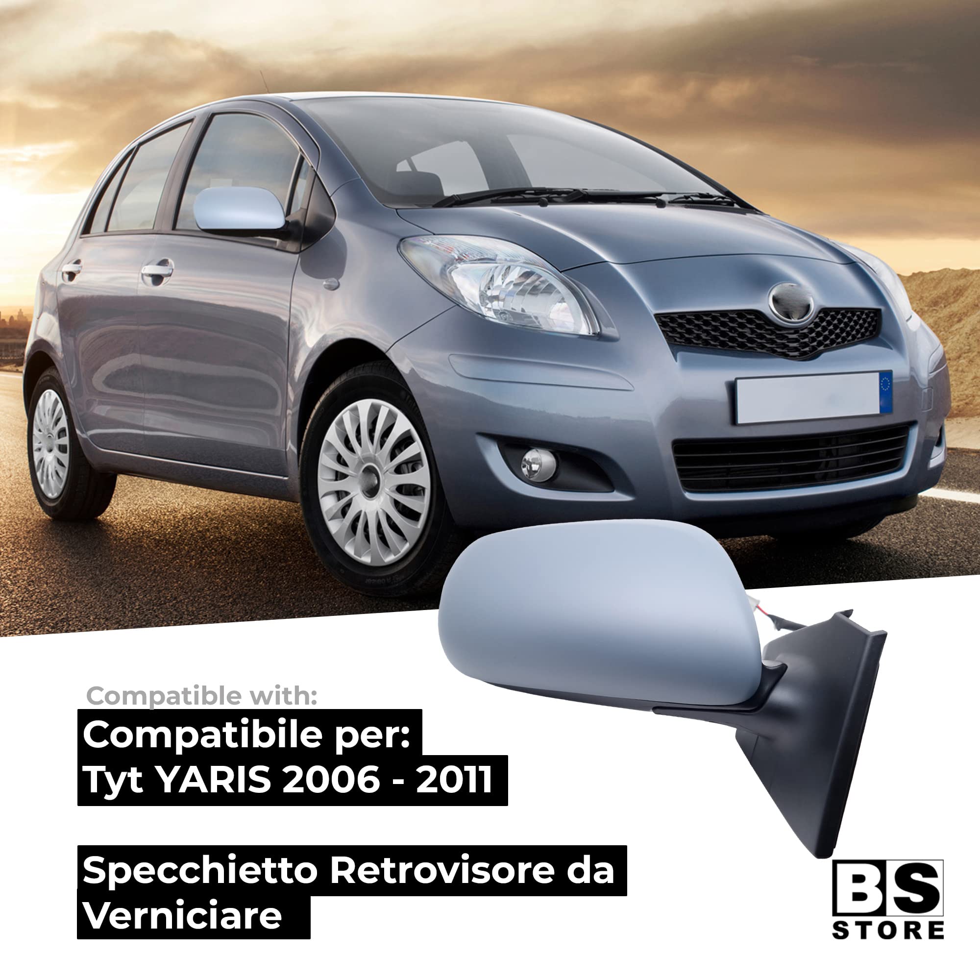 BSSTORE Specchietto Retrovisore da Verniciare perYARIS dal 2006 al 2011 (XP9) Elettrico Termico (Destra - Lato Passeggero)