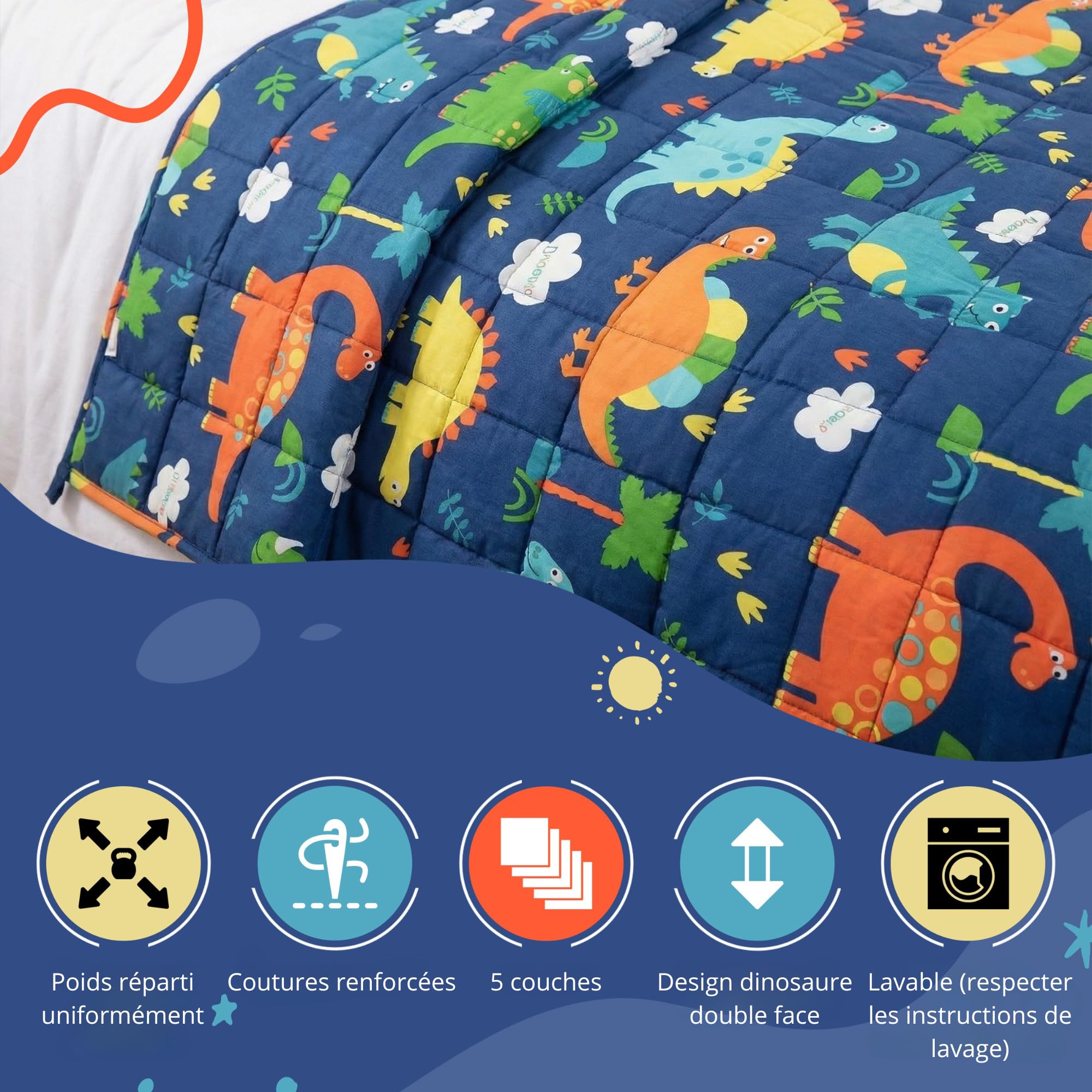 Vonia Couverture Lestée Enfant 3,2 kg Weighted Blanket - 104x152 cm Motif Dino, 100% Coton Respirant, Housse Amovible Lavable, Améliore Sommeil, Dès 3 Ans, Bleu