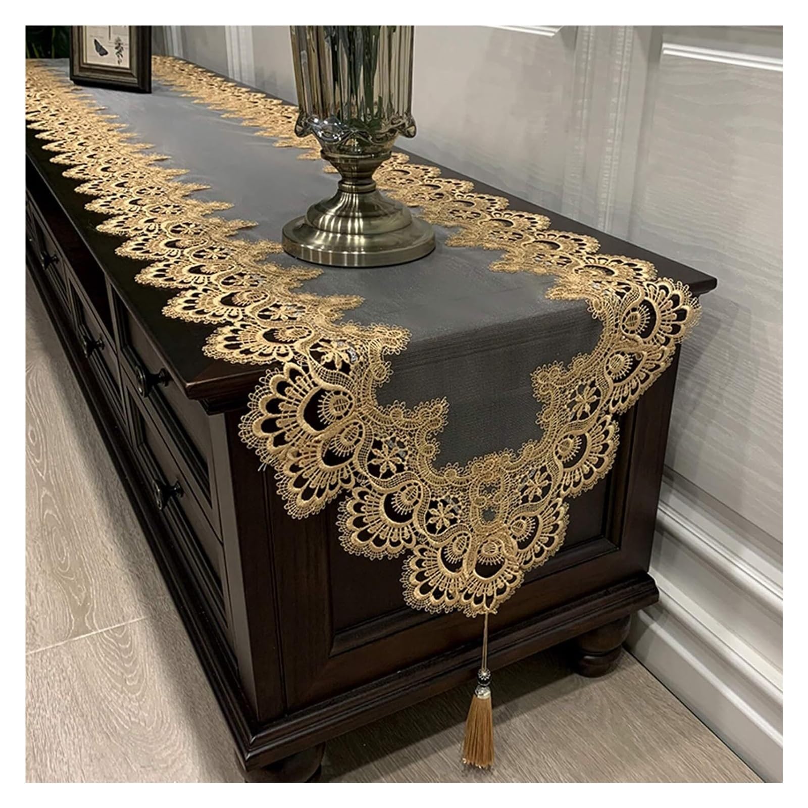 Chemin de table en dentelle brodée premium, nappe en maille transparente de haute qualité style S