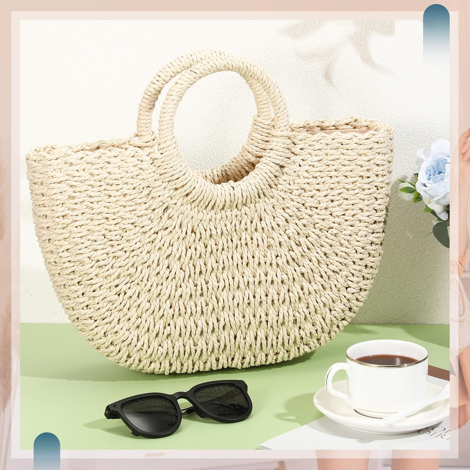 Frienda Straw Tote Bag Summer Beach Bag Handmade Straw Rattan Woven Handbag for Women Travel - Image 3
