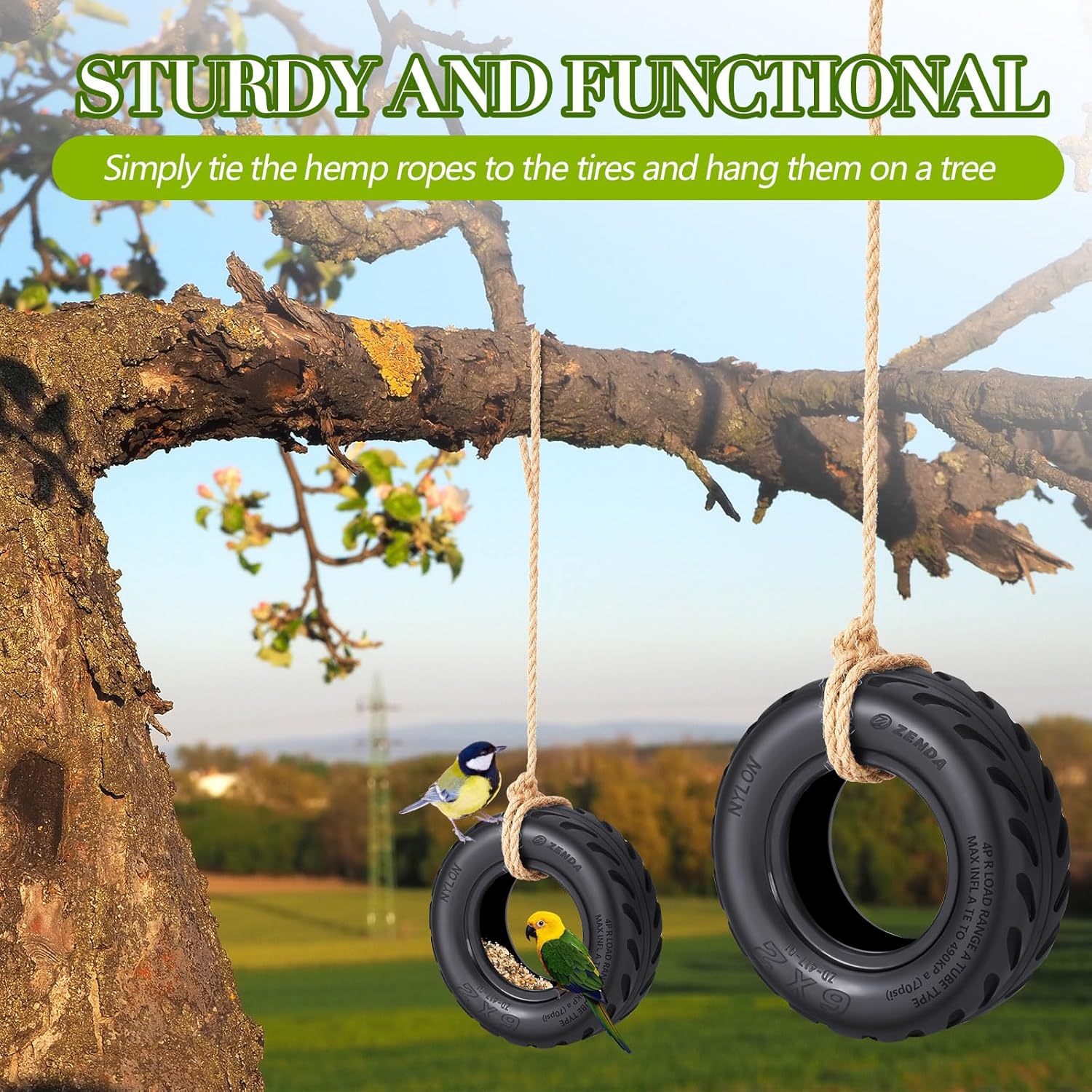 2 Pcs Tire Swing Bird Feeder for Outdoor Hanging 6 x 2 Inches with Rope Special Tire Bird Feeder Seed Catcher for Funny Swing Outside Gift Spring Gifts