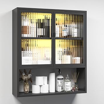 Bathroom Wall Cabinet, Metal Medicine Cabinet with Glass Doors, Wall Mounted Storage Cabinets, Wall Cabinets for Bathroom Storage, Kitchen, Laundry Room Including 2 LED Lights