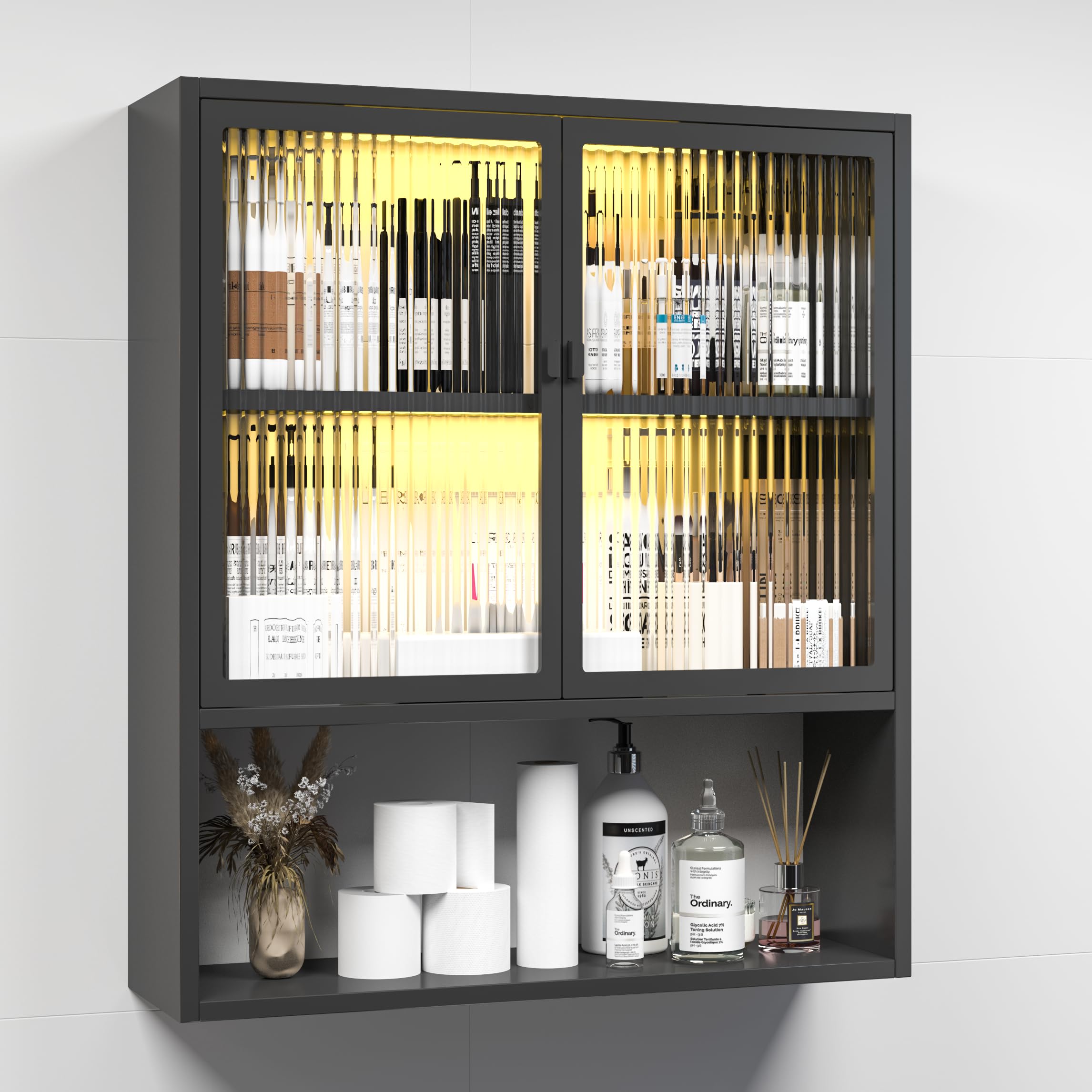 DUTYSEST Bathroom Wall Cabinet, Metal Medicine Cabinet with Glass Doors, Wall Mounted Storage Cabinets, Wall Cabinets for Bathroom Storage, Kitchen, Laundry Room (Including 2 LED Lights)