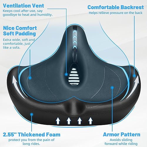 Miniatura 4 de Asiento de bicicleta de gran tamaño para hombres y mujeres, cojín de asiento de bicicleta extra ancho, cómodo respaldo suave acolchado, sillín de
