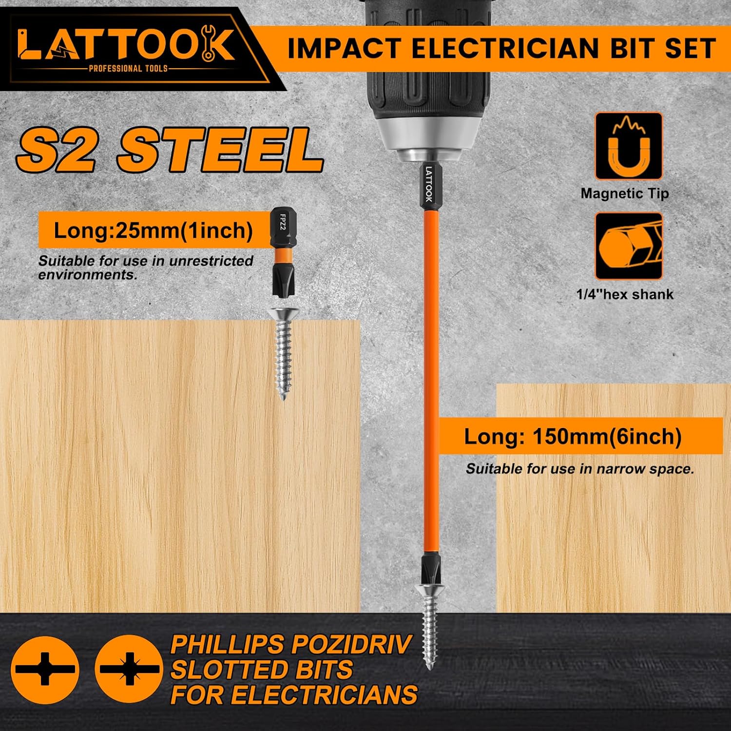 Phillips Pozidriv Slotted Bits for Electricians LATTOOK 9PCS S2 Steel Impact Combination Electrician Screwdriver Bit Set, FPZ2 FPH2#2 Bits