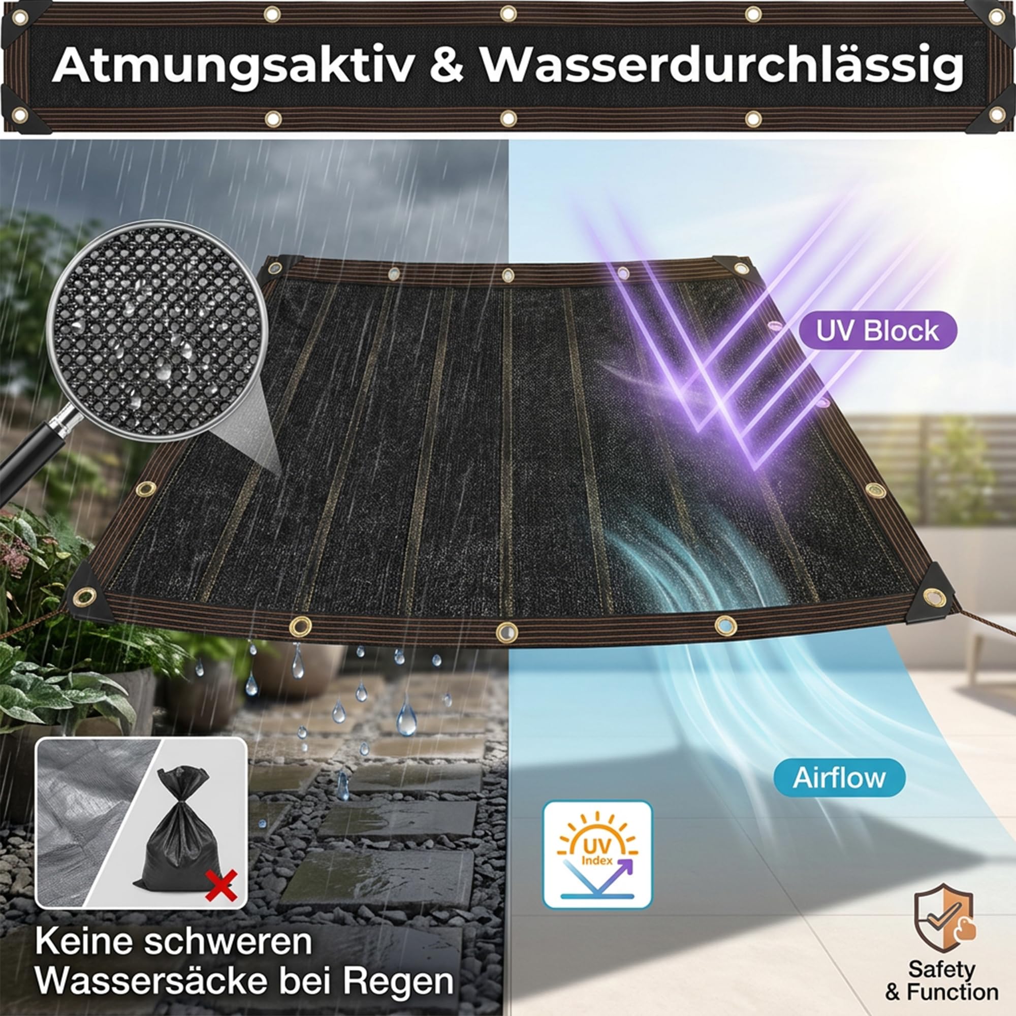 Schattierungsnetz 4x4m/3x4m Schwarz mit Ösen – 85g/m² Großflächiger Sonnenschutz & Sichtschutz – Verstärktes Netz mit Anti-Durchhang-Rippen für Pergola, Garten, Carport & Gewächshaus