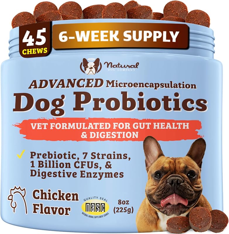 Probiótico para Cães em Mastigáveis Macios com Fibras Prebióticas e Enzimas Digestivas Natural Dog Company, 45 Unidades