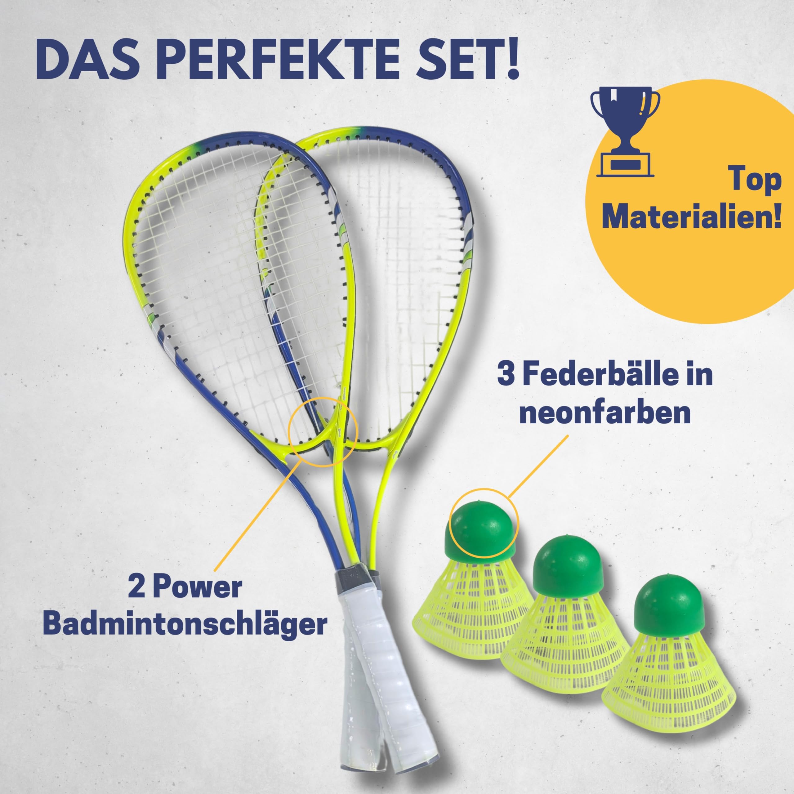 BEST SPORTING Power Badminton - Set di volani con 2 racchette blu/verde e 3 palline gialle neon, per adulti e bambini