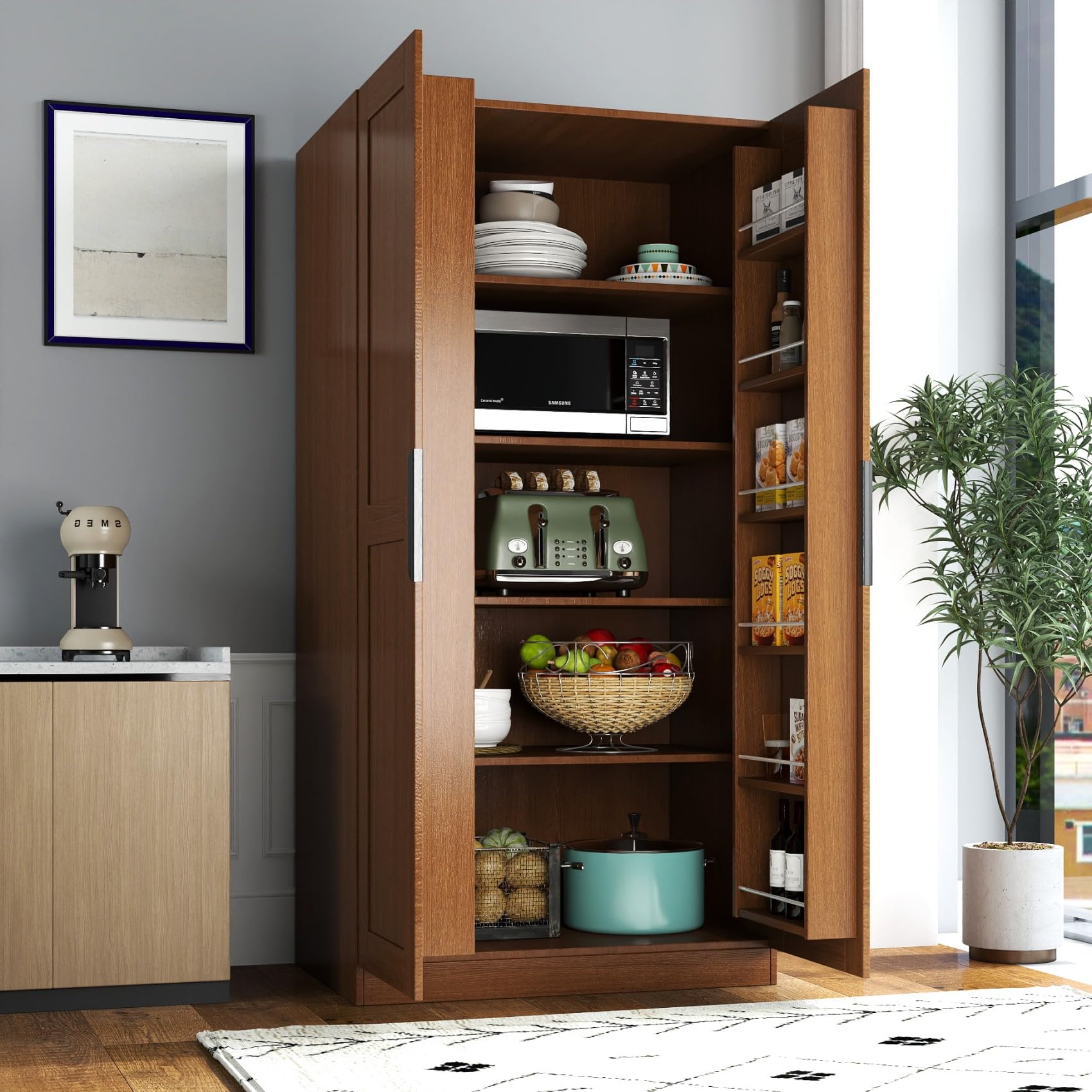 Photo 1 of ** sold as is no refund/return**KEIKI 63" Tall Kitchen Pantry Storage Cabinet with Door-Side Rack & Shelves, Freestanding Wood Hutch Food Pantries Cupboard for Coffee Bar, Dining Room