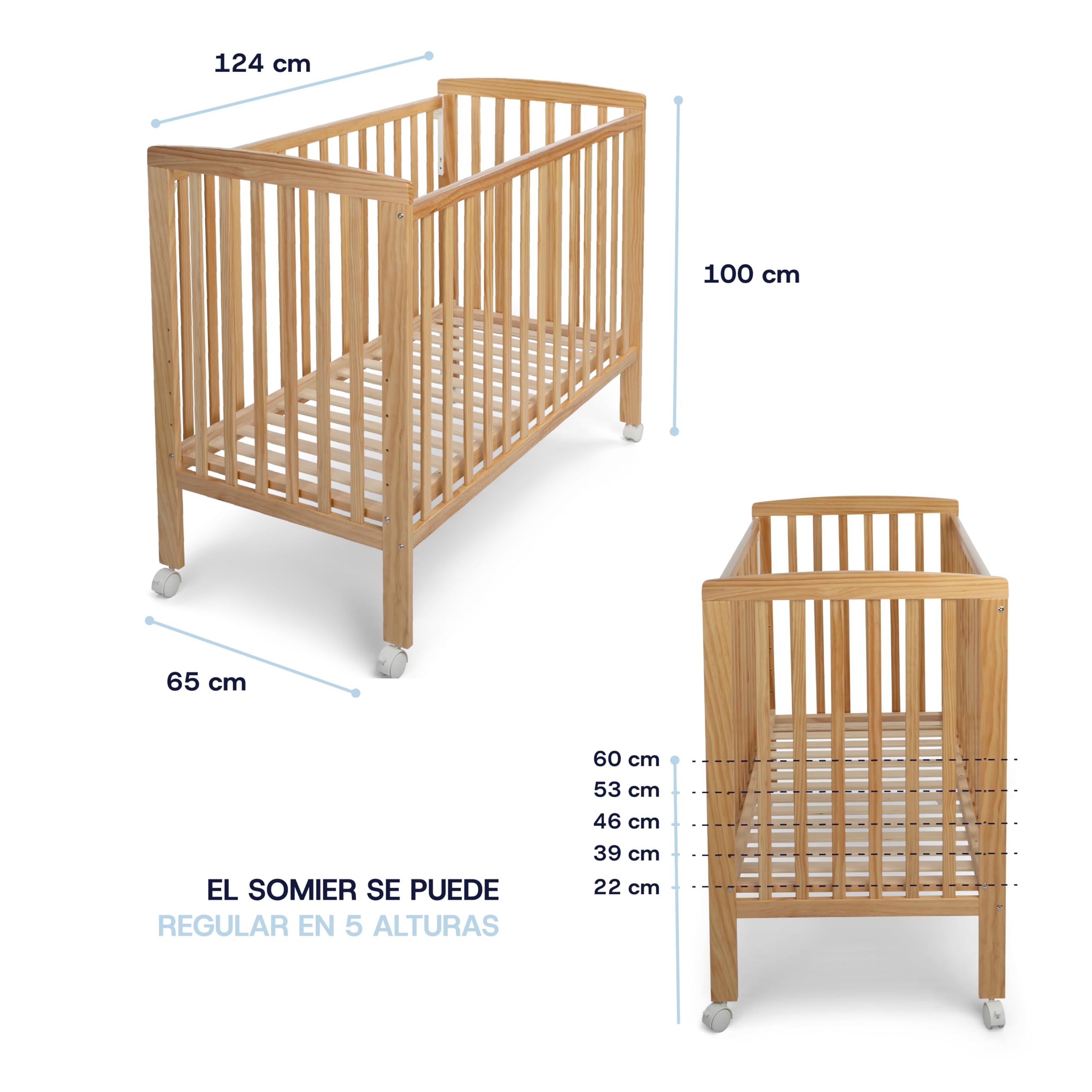 TORAL Cuna Bebe Madera Natural - Cuna Colecho Bebe Modelo Verona - Varias Posiciones Lateral Deslizante y 5 Posiciones Somier - con Ruedas de Seguridad con Freno y Mordedor para Barandilla.