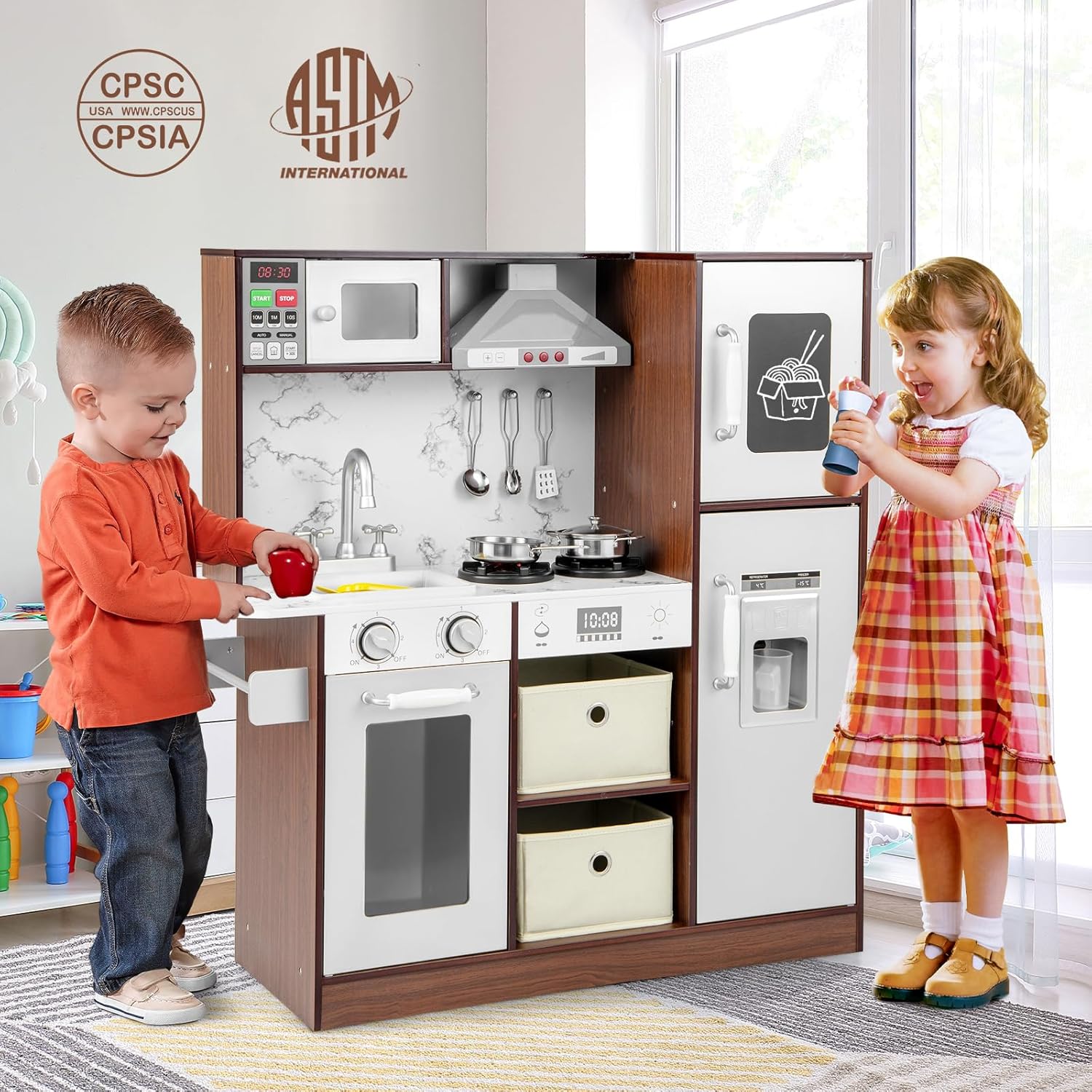 HONEY JOY Kids Kitchen Playset, Wooden Little Chef Pretend Play Toy Kitchen Set, Range Hood & Microwave with Lights, Water Dispenser, Fabric Drawer, Play Kitchen for Toddler Boys Girls, Coffee