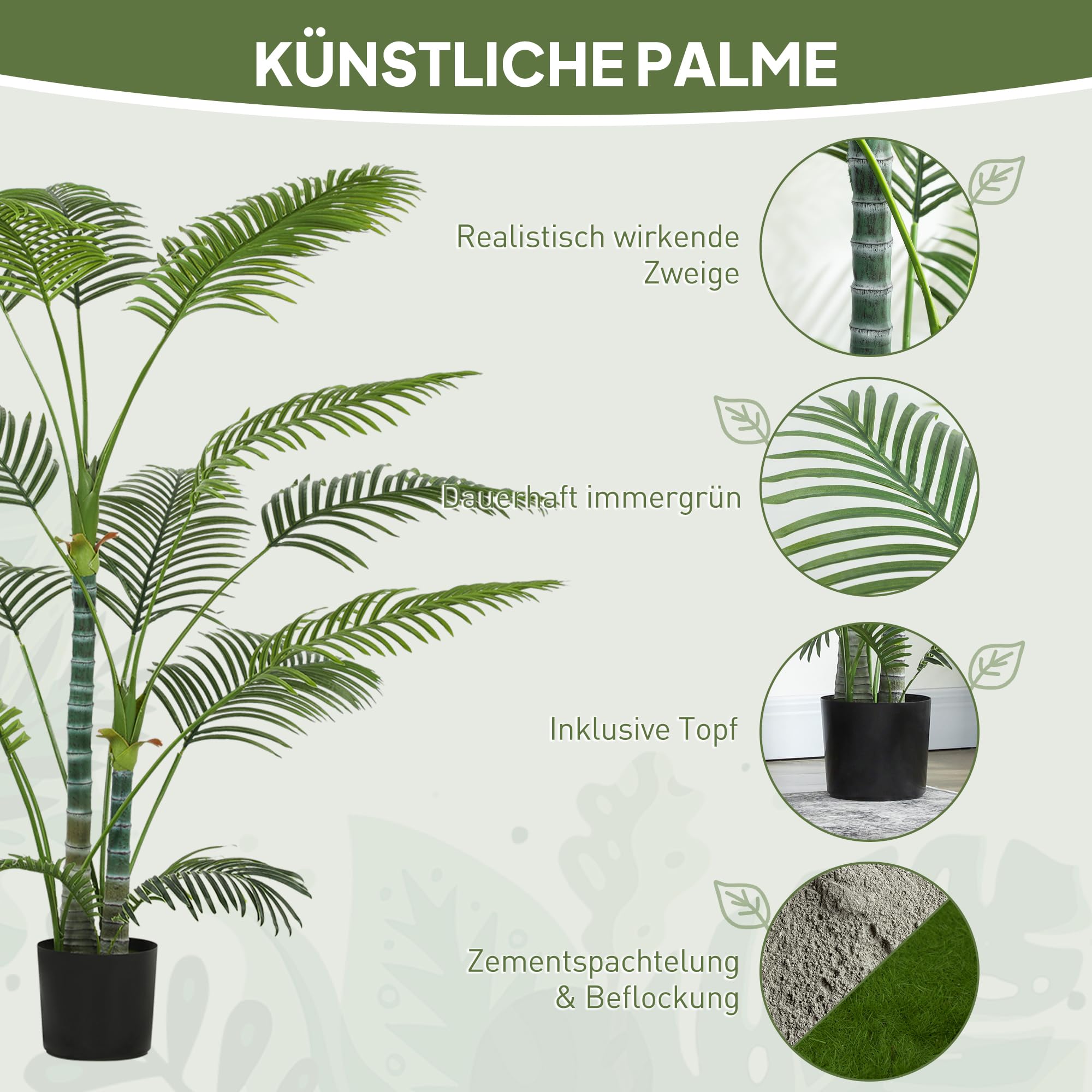 HOMCOM Künstliche Palme 175cm Kunstpalme mit 16 Palmenwedel Groß im Topf | Kunstpflanze, Künstliche Pflanzen, Wie Echt, Zimmerpflanze, Kunstbaum, für Wohnzimmer Büro Balkon Dekoration