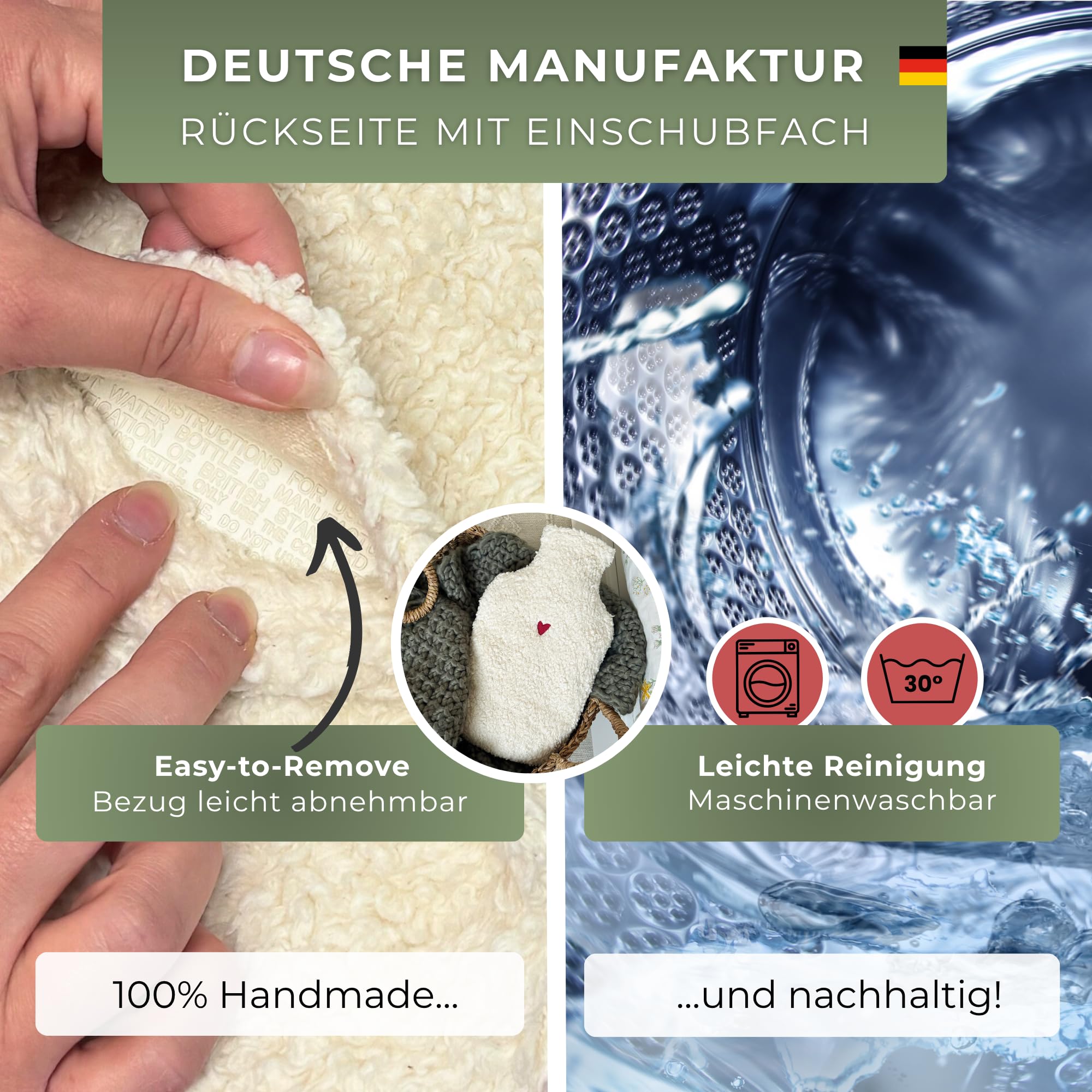 kontor28 - Morbida borsa dell'acqua calda TEDDY con rivestimento in 100% cotone biologico, realizzata a mano in Germania, a prova di perdite, inodore e analgesico per bambini/adulti – 2,0 litri