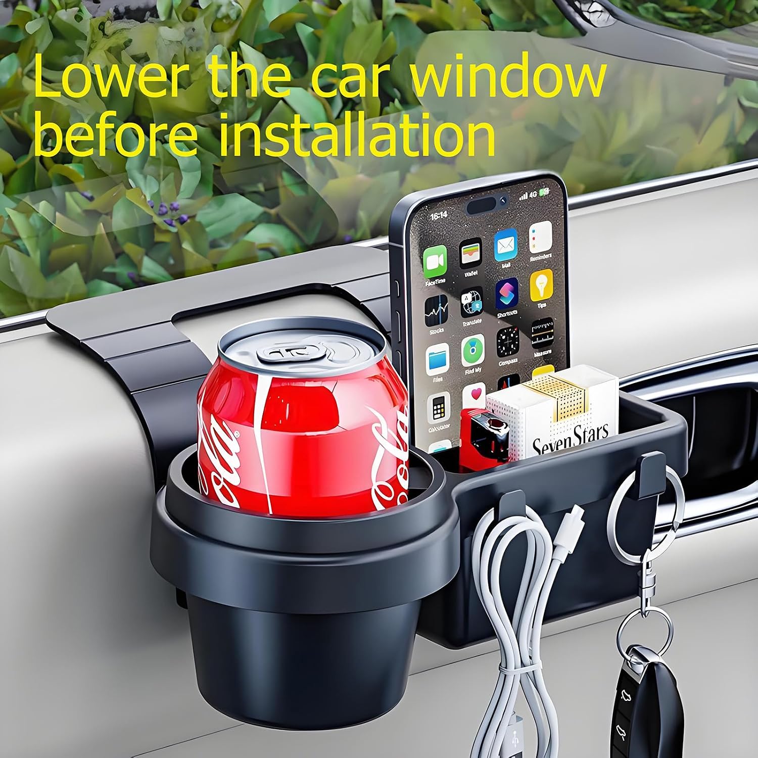 GDQ 4-in-1 Car Window Organizer (2 Pack) - Clip-On Cup Holder & Phone Mount with Hooks | No Drill Universal Fit for SUV/Truck/Sedan | Insert Installatio