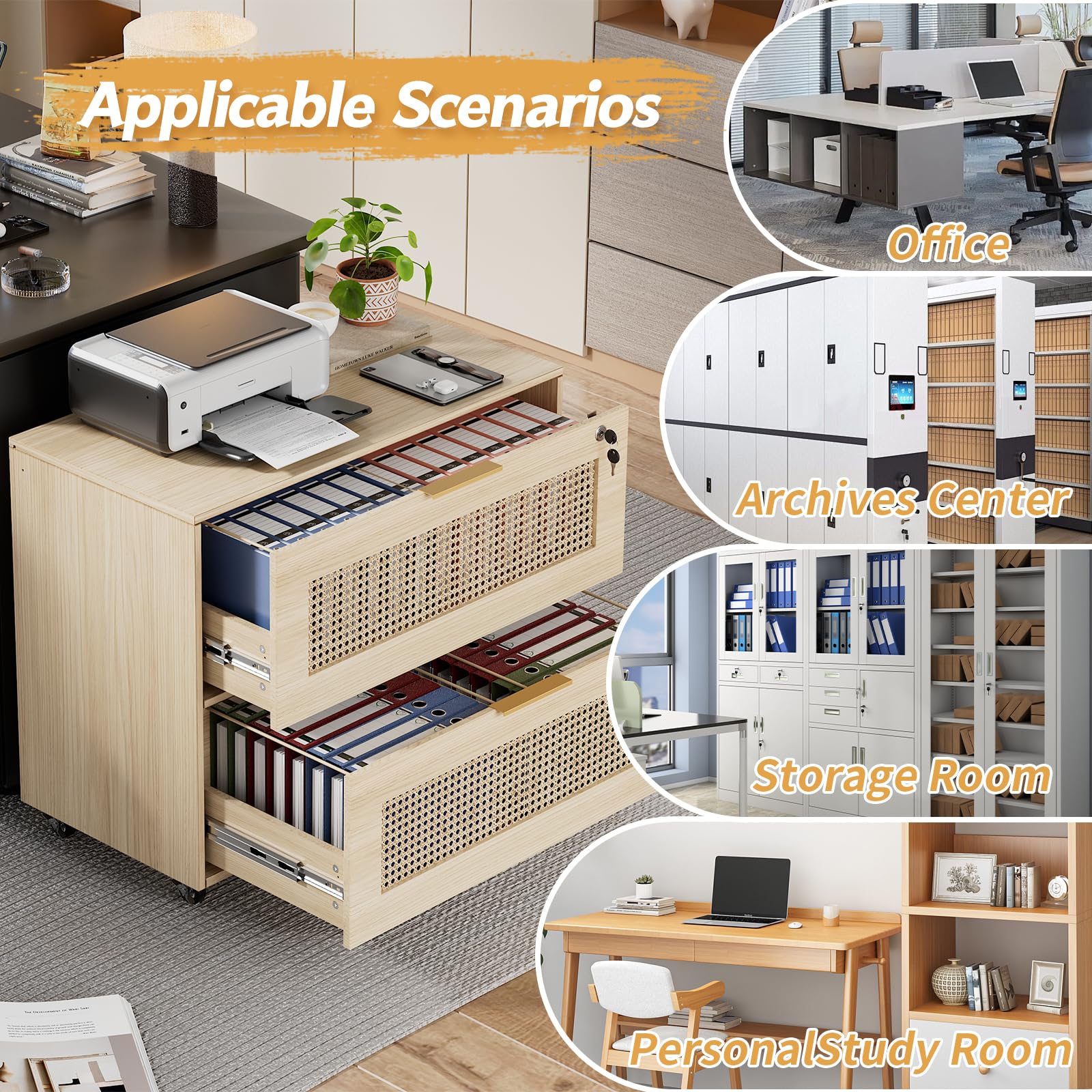 MSFE Mueble Archivador con 2 Cajones para Documentos Archivador Móvil para Archivos A4/B5/F4 Cajoneras Escritorio con Estante Ajustable Armario Archivador Móvil con 4 Ruedas para Oficina 79x40x67.5CM