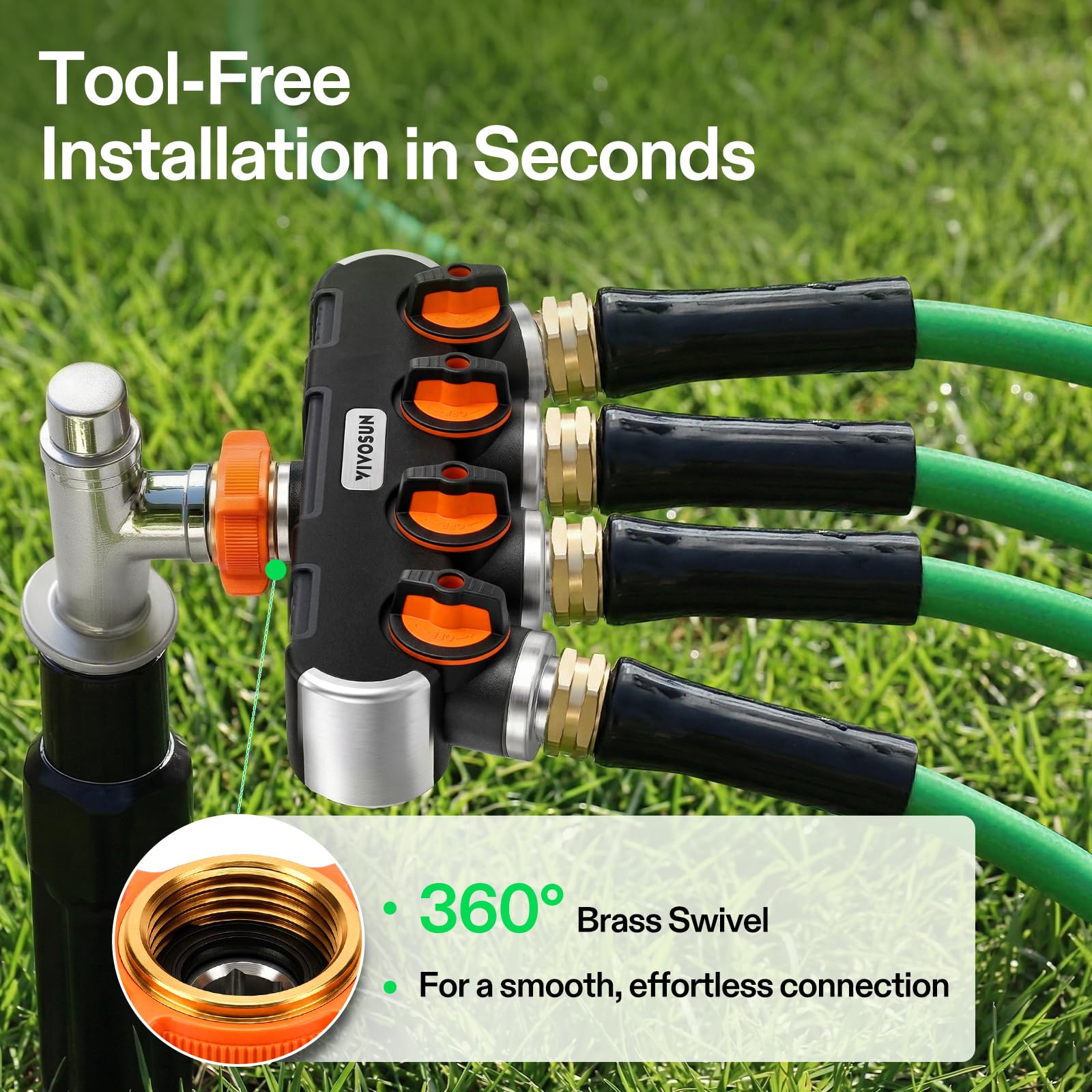 VIVOSUN 4-Wege-Gartenschlauch-Splitter, Wasserschlauchanschluss, Wasserhahn-Adapter mit bequemem, gummiertem Griff für Tropfbewässerung, Rasen
