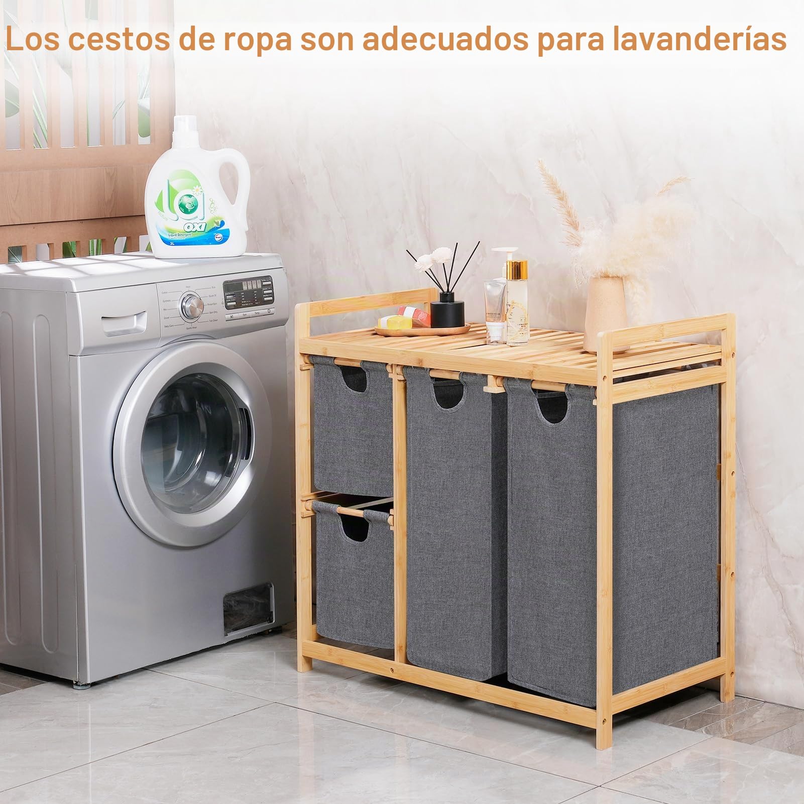 iEGrow Cesta de lavandería de 3 compartimentos con estante, cesta de bambú con ruedas, 3 bolsas de lavandería extraíbles de 50 L, organizador de lavandería gris, cesta de lavandería de 3 secciones