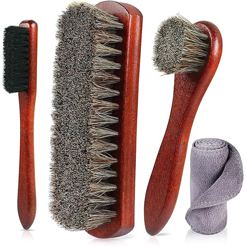 4-Piece Horsehair Shoe Brush Shine Kit - Horse Hair Brush for Leather, Premium Shoe Polish brush, Leather Shoe Boot Brushes for Cleaning and Polishing