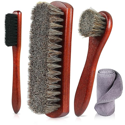 4-Piece Horsehair Shoe Brush Shine Kit - Horse Hair Brush for Leather, Premium Shoe Polish brush, Leather Shoe Boot Brushes for Cleaning and Polishing