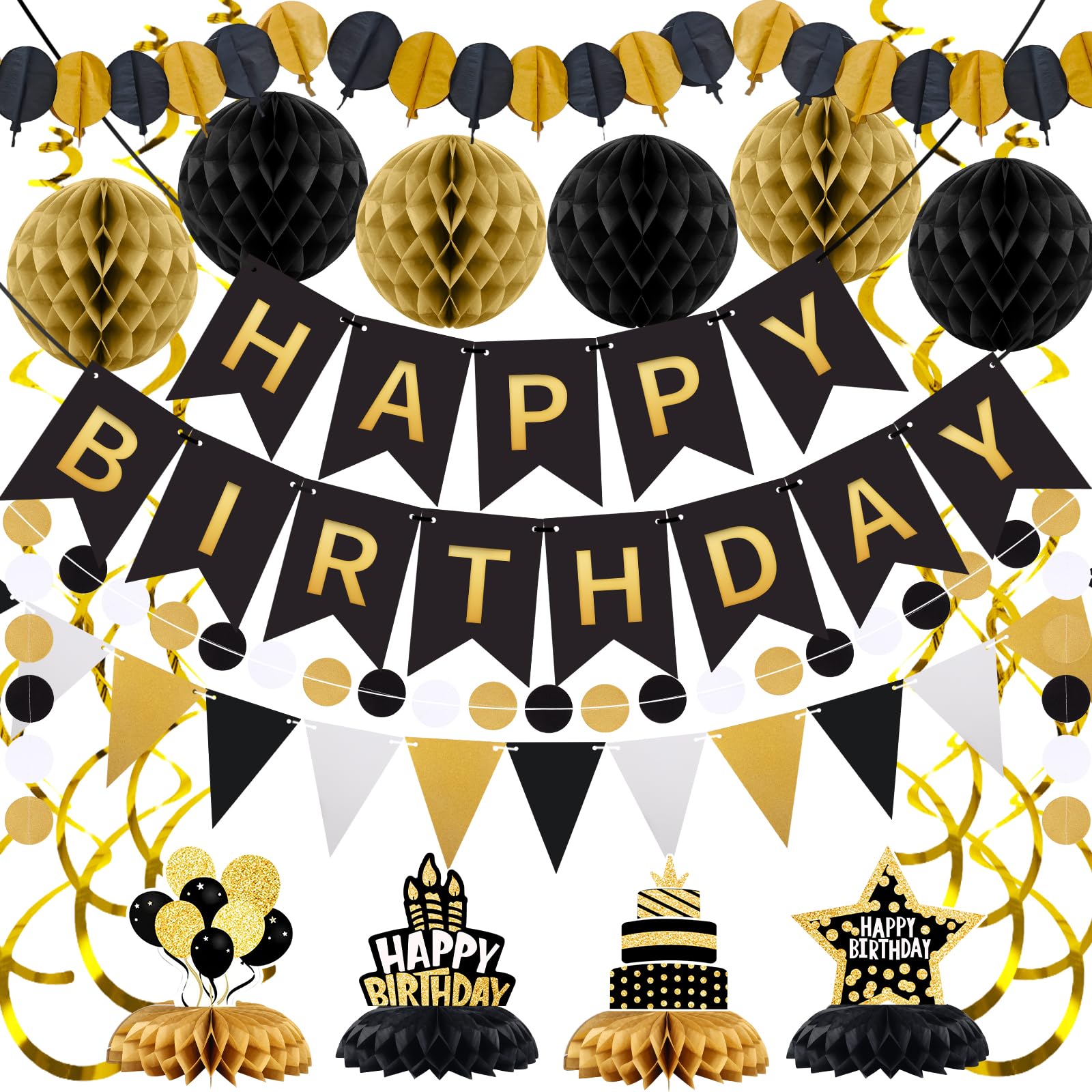 Birthday Decorations Kit, Black Gold Happy Birthday Banner with Table Centerpieces, Paper Garland, Hanging Swirl Streamers & Honeycomb Balls for All Birthday Party Decorations