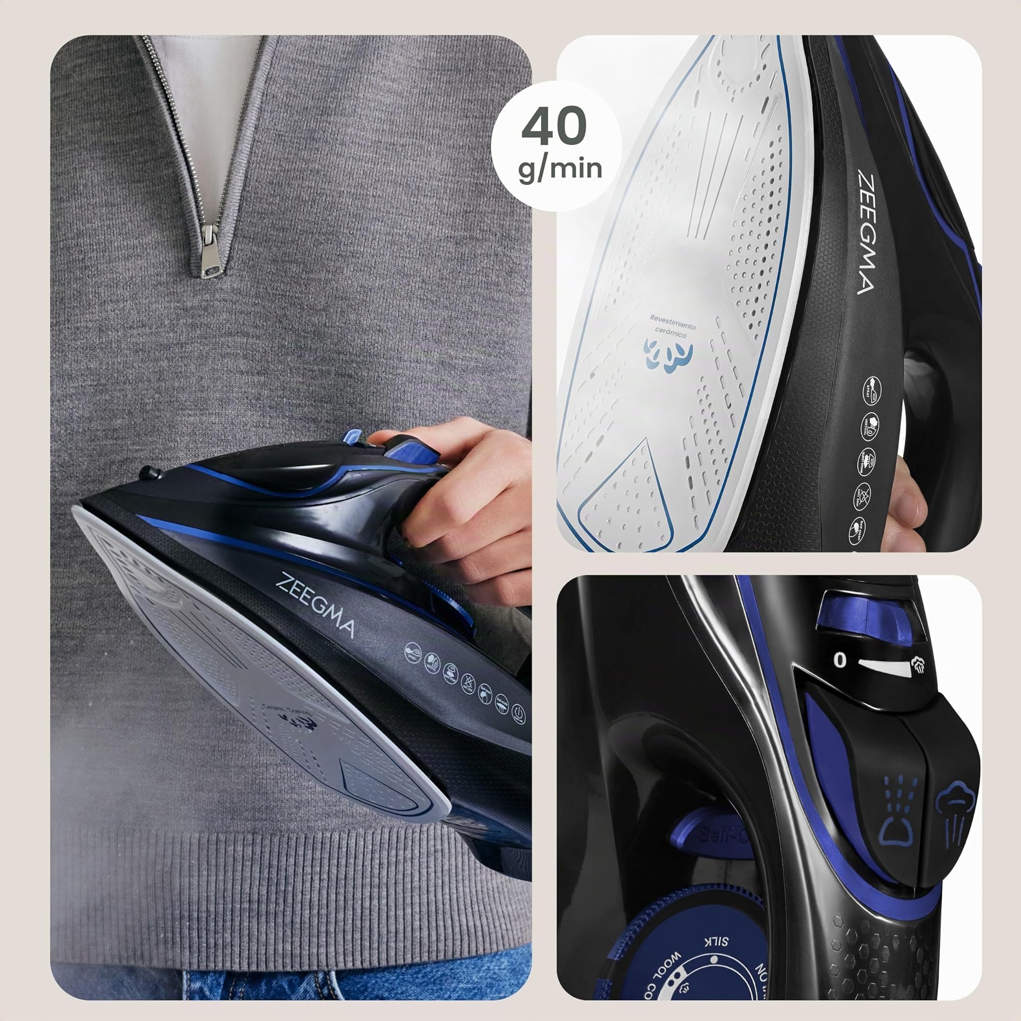ZEEGMA EISIG BASE Plancha con Cable 3100 W con Revestimiento Cerámico, Planchado a Vapor y en Seco, Salida de Vapor de hasta 40 g/min, Depósito de 320 ml Autolimpieza, Anti-Drip y Anti-Calc