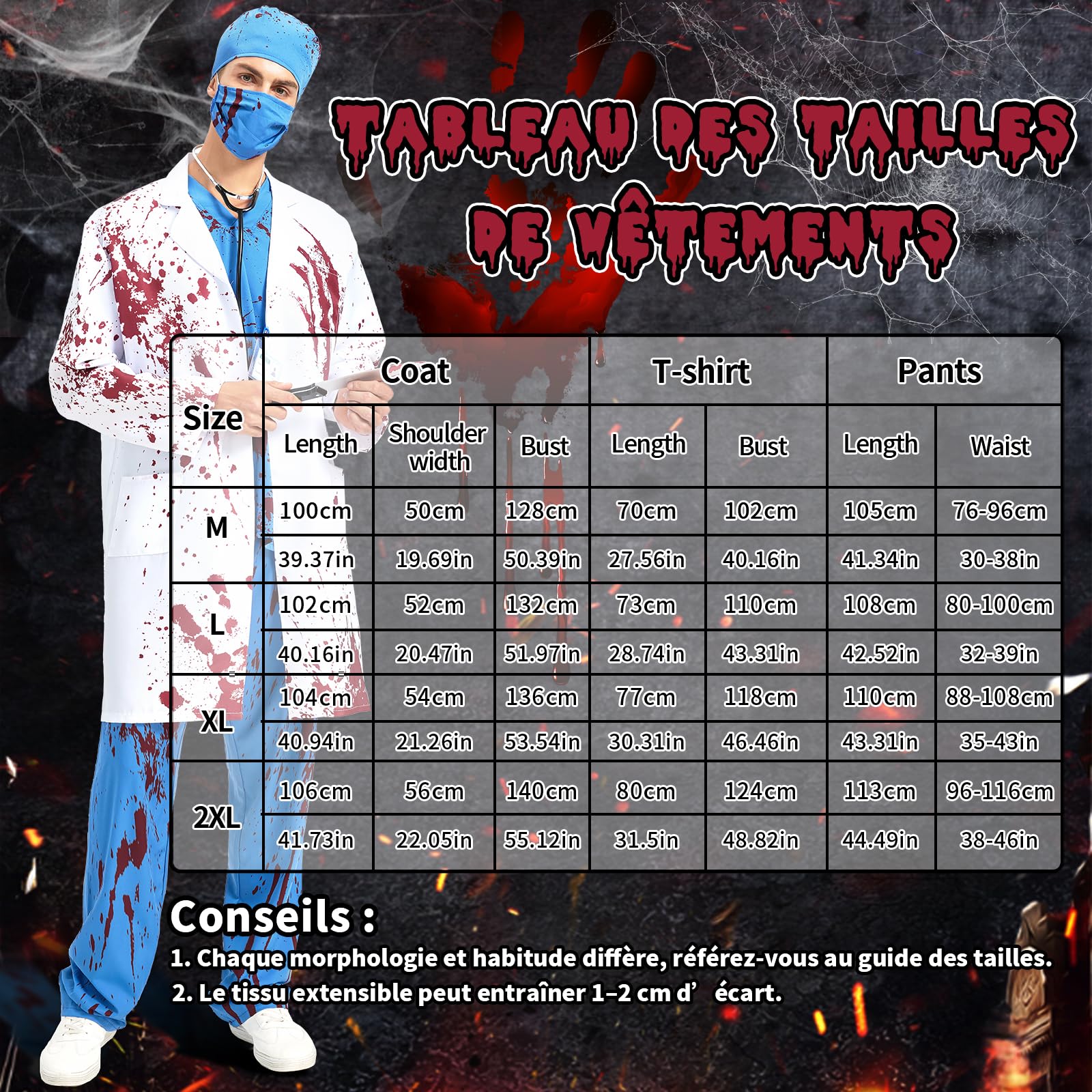 YOOHBERRYS Deguisement Medecin Zombie Homme, Costume Docteur Halloween Horreur, Deguisement Chirurgien Terrifiant Adulte-Blouse, Haut, Pantalon, Chapeau, Masque, Stéthoscope, Faux Couteau, Carte