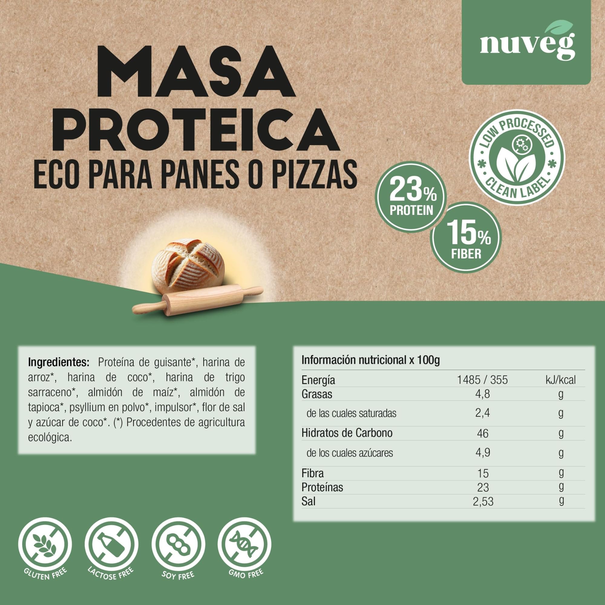 NUVEG Masa Proteica Ecológica para Panes o Pizzas, Vegano, Preparado para Pan Proteico y Masa de Pizza, Harina Panificable Sin Gluten, Sin Lactosa, Contiene Harina de Trigo Sarraceno, Pack 2, 540g