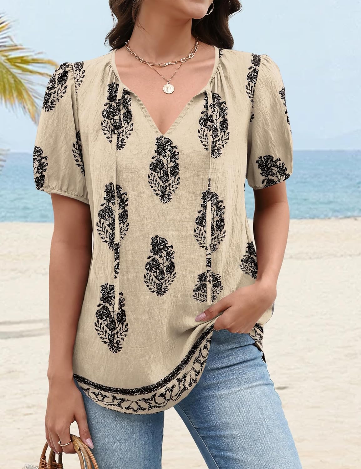 LOMON Boho Tops for Women Summer V-Neck Tie Front Peasant Blouses Casual Puff Sleeve Loose-Fit Flowy Shirts Beach Vacation