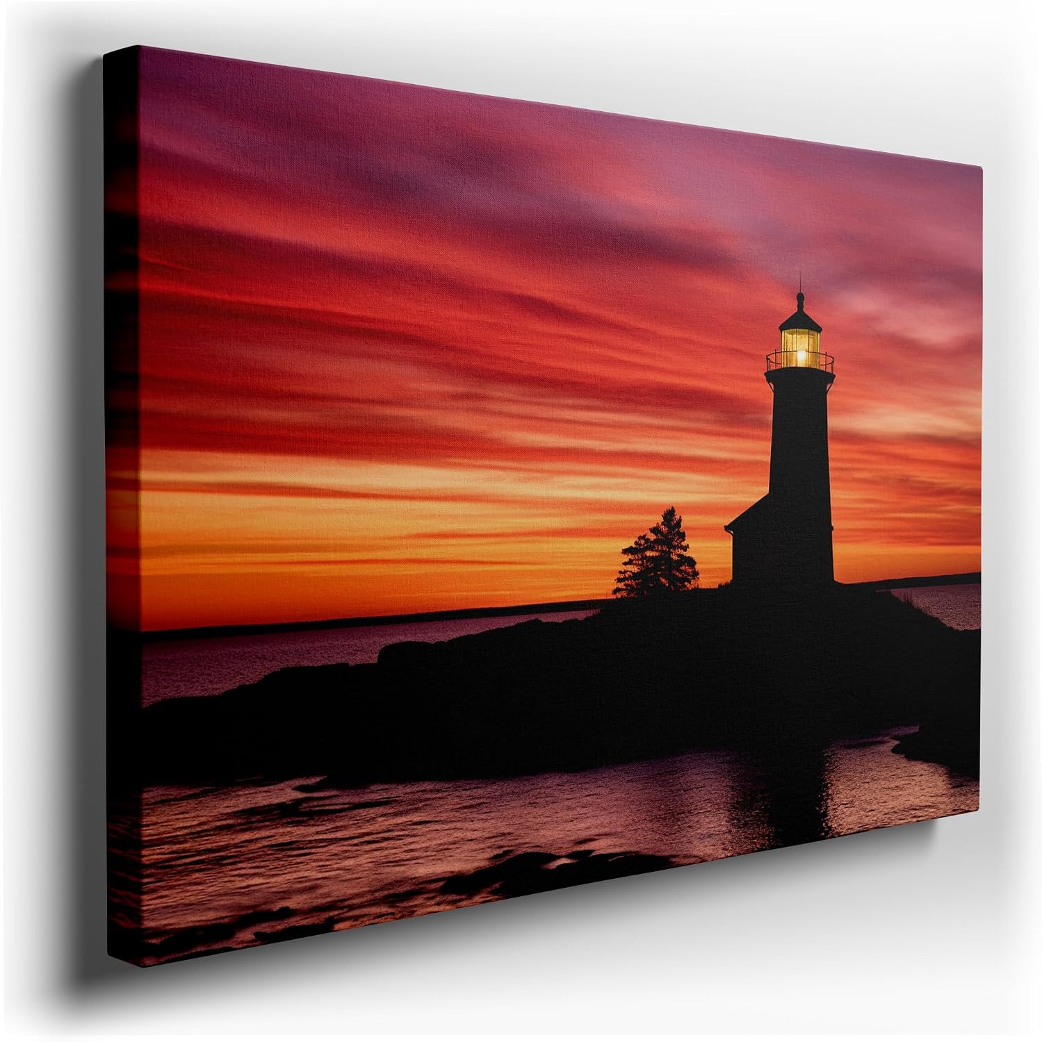 Canvas for Living room. Lighthouse at Dusk � A Beacon of Serenity Amidst Warm Sunset Hues, 27 x 18 inch Canvas Wall Art - Contemporary Masterpieces - Modern Home Decor