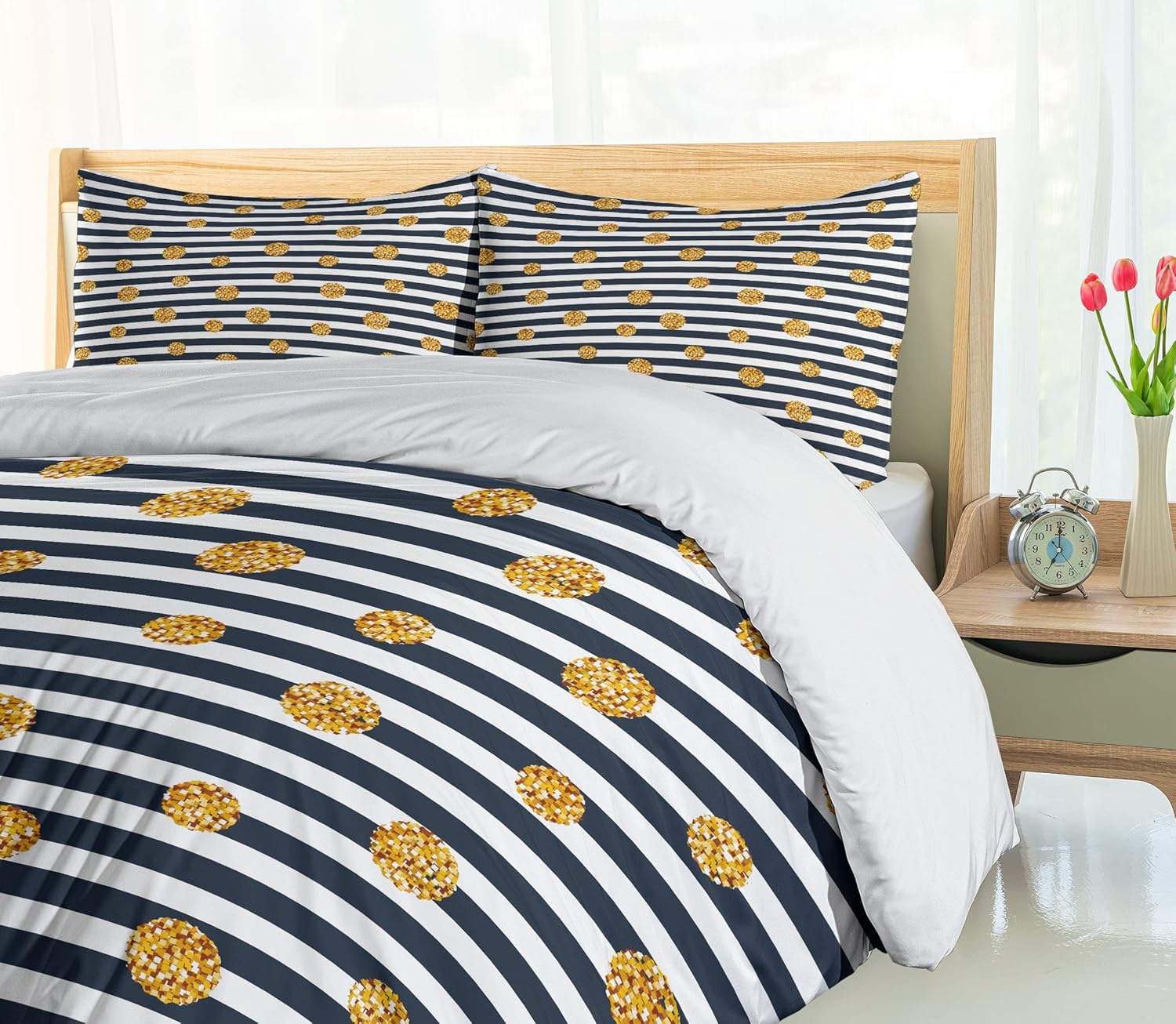 Ambesonne Modern Duvet Cover Set, Horizontal Nautical Lines with Circles Rounds Polka Dots, Decorative 3 Piece Bedding Set with 2 Pillow Shams, King Size, Yellow Blue
