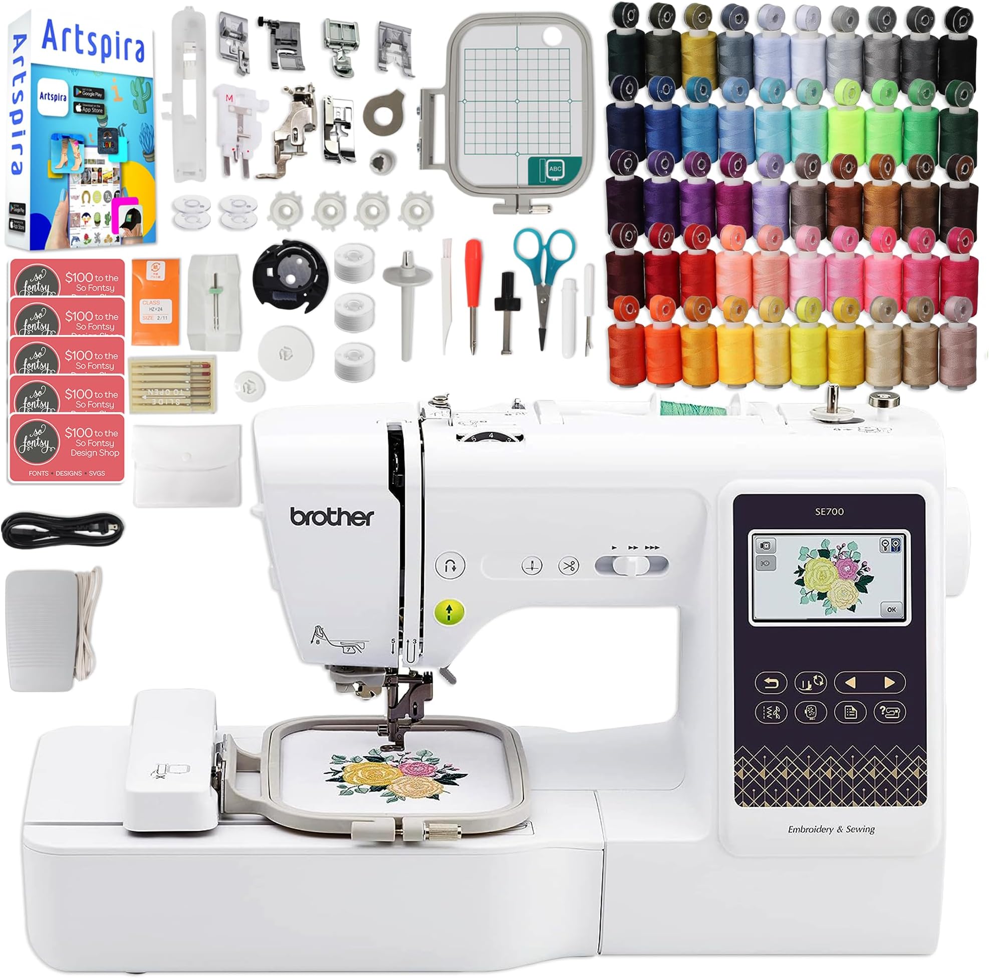 Brother SE700 Embroidery & Sewing Machine with 50 Sewing Spools, Color Matching Bobbins & Accessories