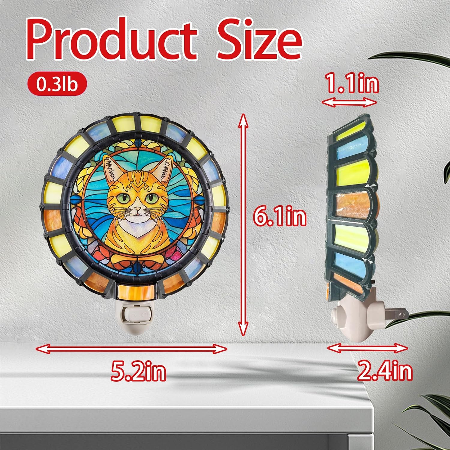 Mosaic Stained Glass Night Light, Cat, Made with Real Mosaic Glass Pieces, Plug-in with On/Off Switch, Gift for Cat Owner