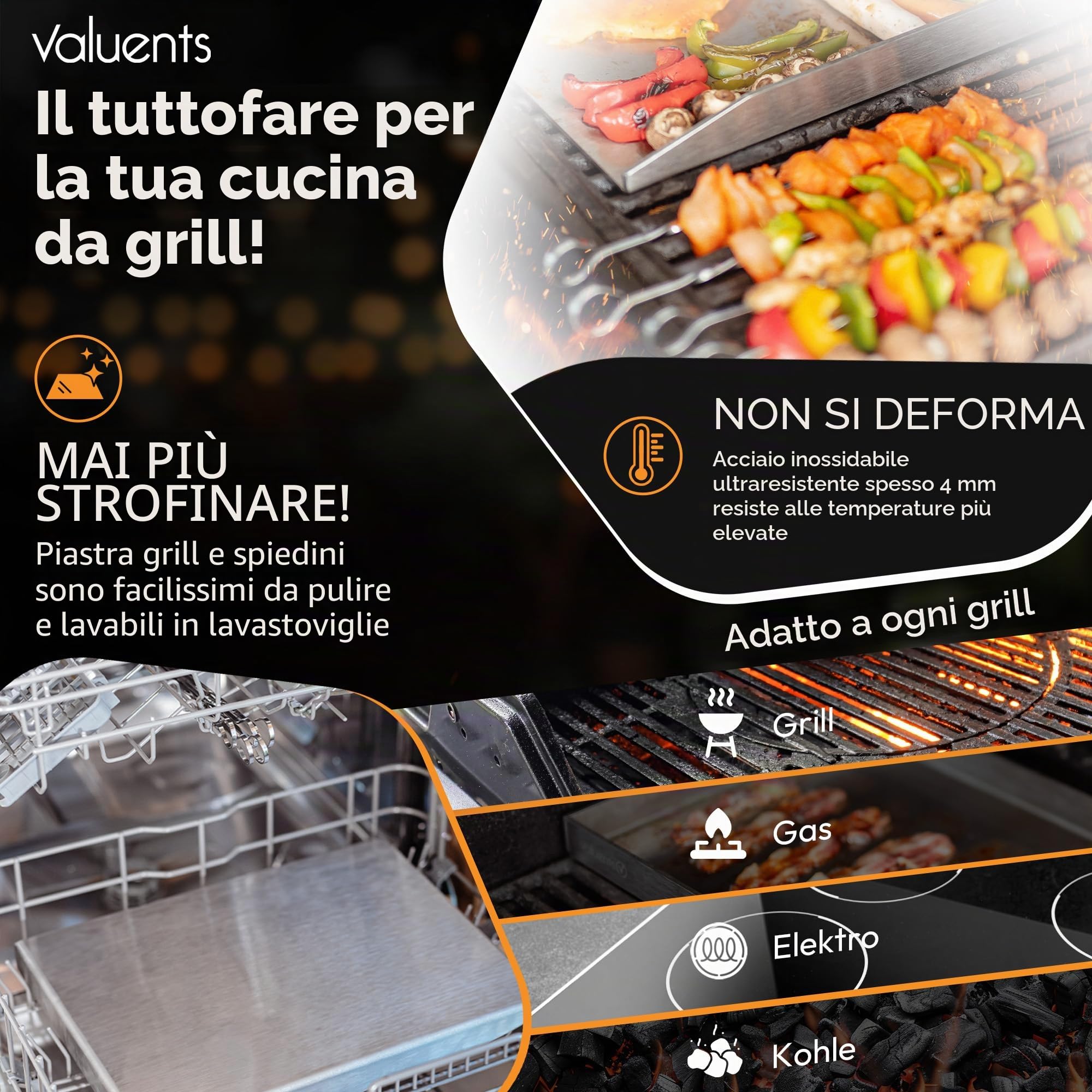 Piastra Plancha in acciaio inox spesso e antiruggine, 40 x 30 cm, barbecue adatta per barbecue a gas e a carbone + PLUS: spazzola e spatola