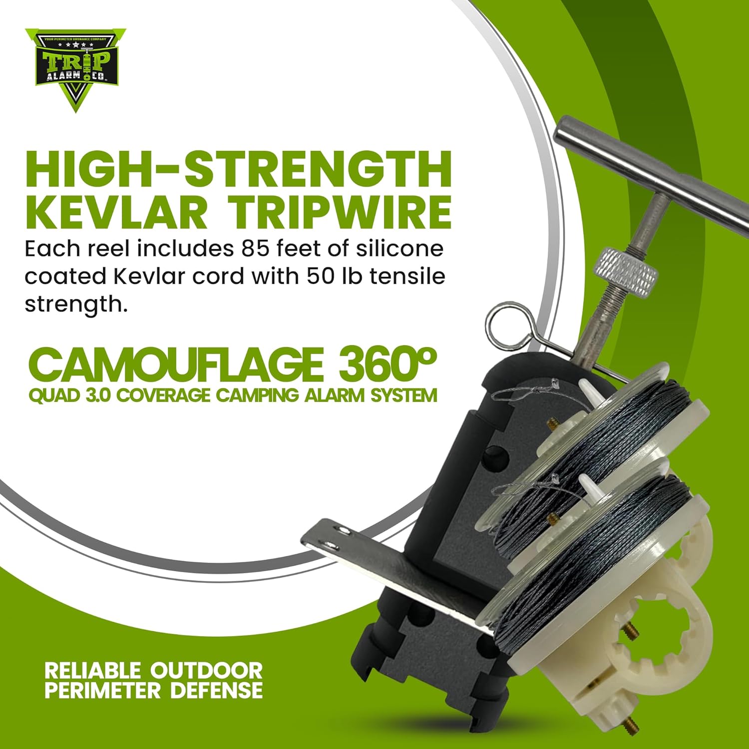 Trip Wire Reel And Trip Alarm Bundle Set - 12 Gauge QUAD 3.0-85 ft Kevlar Reusable 50 lb Reels - Perimeter Defense Device 360° Coverage Warning Security For Camping Safety (Black, 4 Pack Reel)