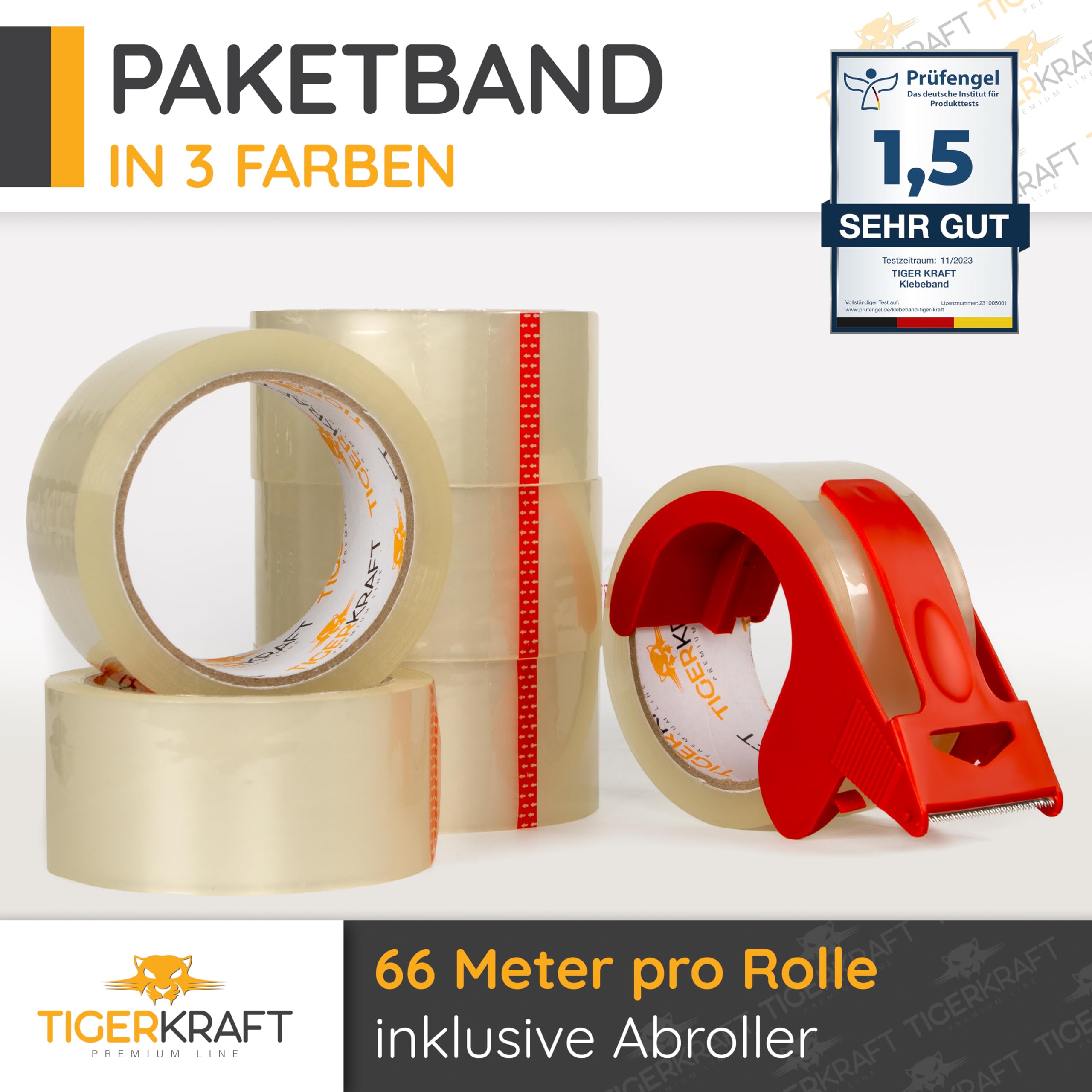 TIGERKRAFT – Nastro adesivo a basso rumore con avvolgitore – Nastro adesivo resistente ai raggi UV – Nastro adesivo ogni 48 mm x 66 m / 48 micron – Nastro per imballaggio per spedizione, magazzino,
