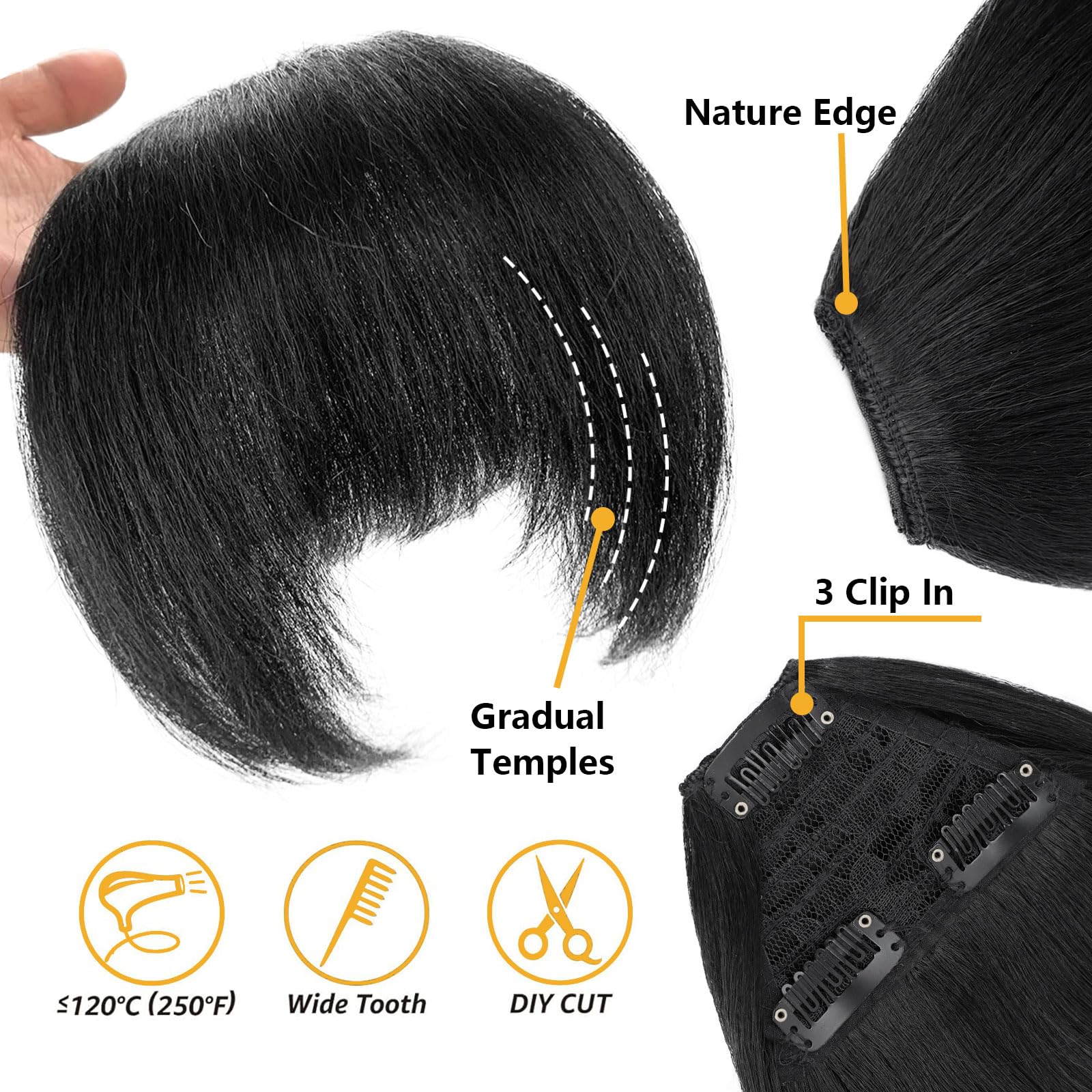 Yaki - Flequillo con clip para mujeres negras, extensiones de cabello corto y lacio, flequillo con clip con flequillo grueso de sien (1B, flequillo individual) 3